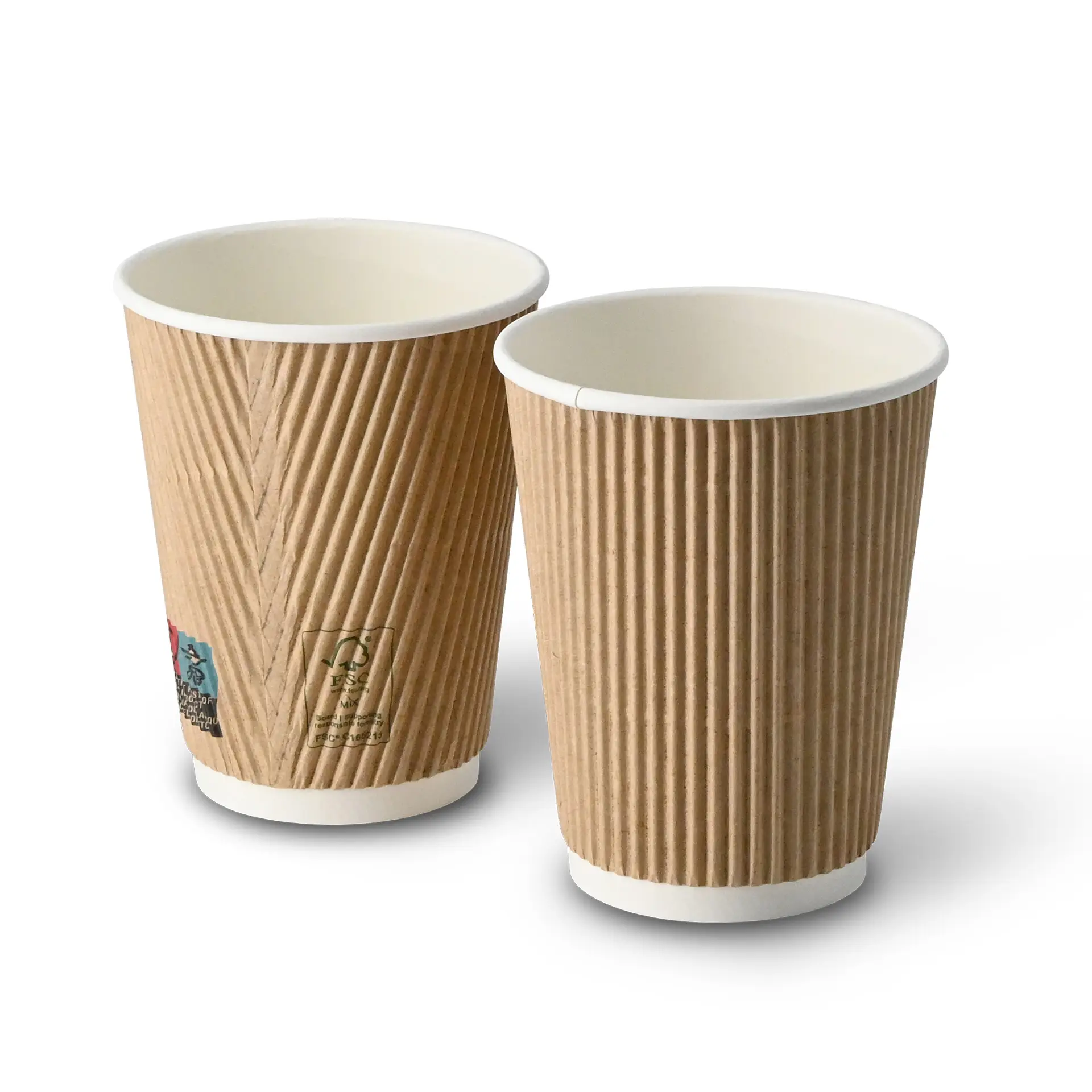 Due tazze di caffè rigate da 12 oz con esterno marrone e interno bianco, diametro di 90 mm.