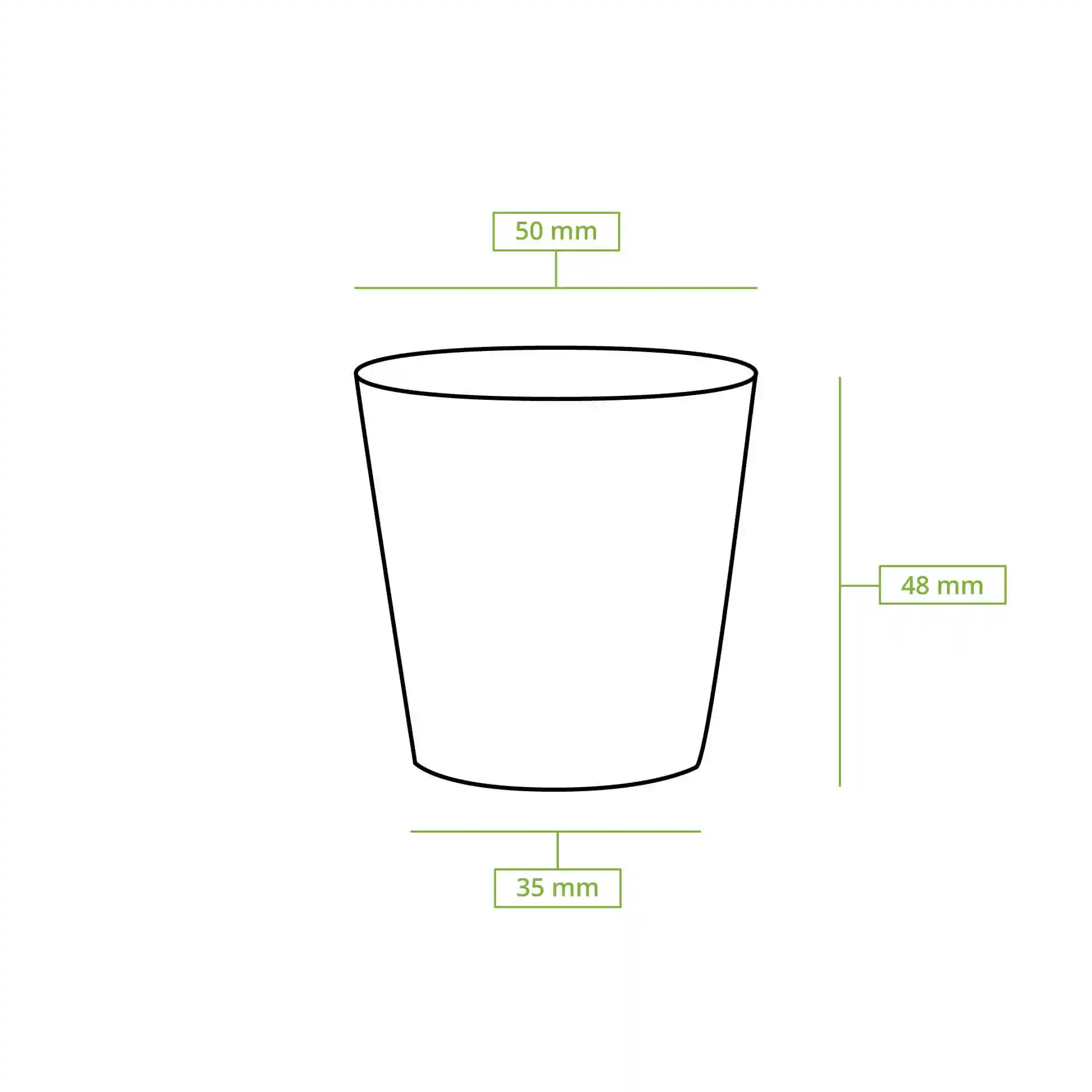 Disegno schematico di un bicchiere di carta rotondo con dimensioni: altezza 50 mm, diametro superiore 50 mm, diametro inferiore 35 mm.