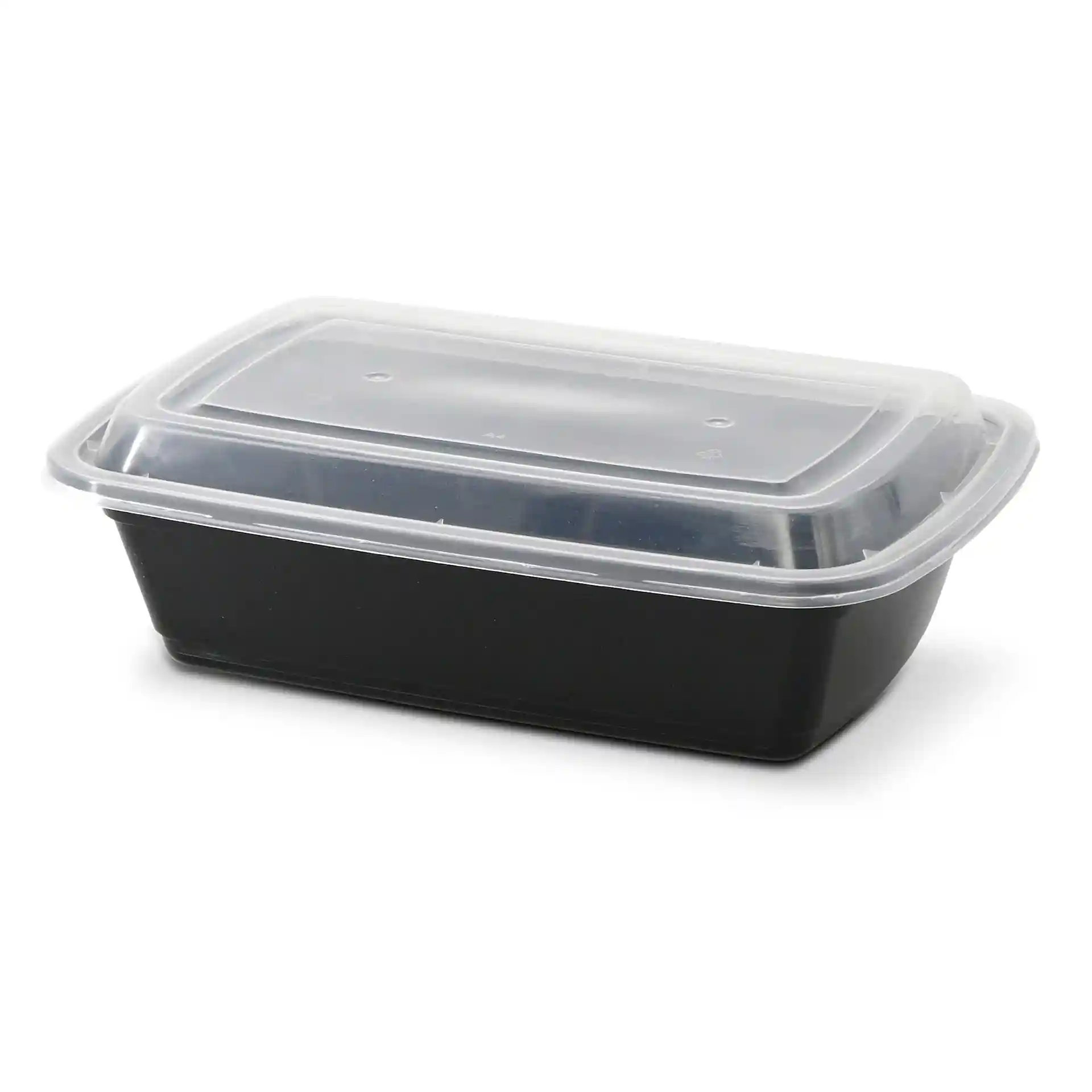 Contenitore rettangolare nero riutilizzabile con coperchio trasparente, misura 217 mm di lunghezza, 150 mm di larghezza e 52 mm di altezza.