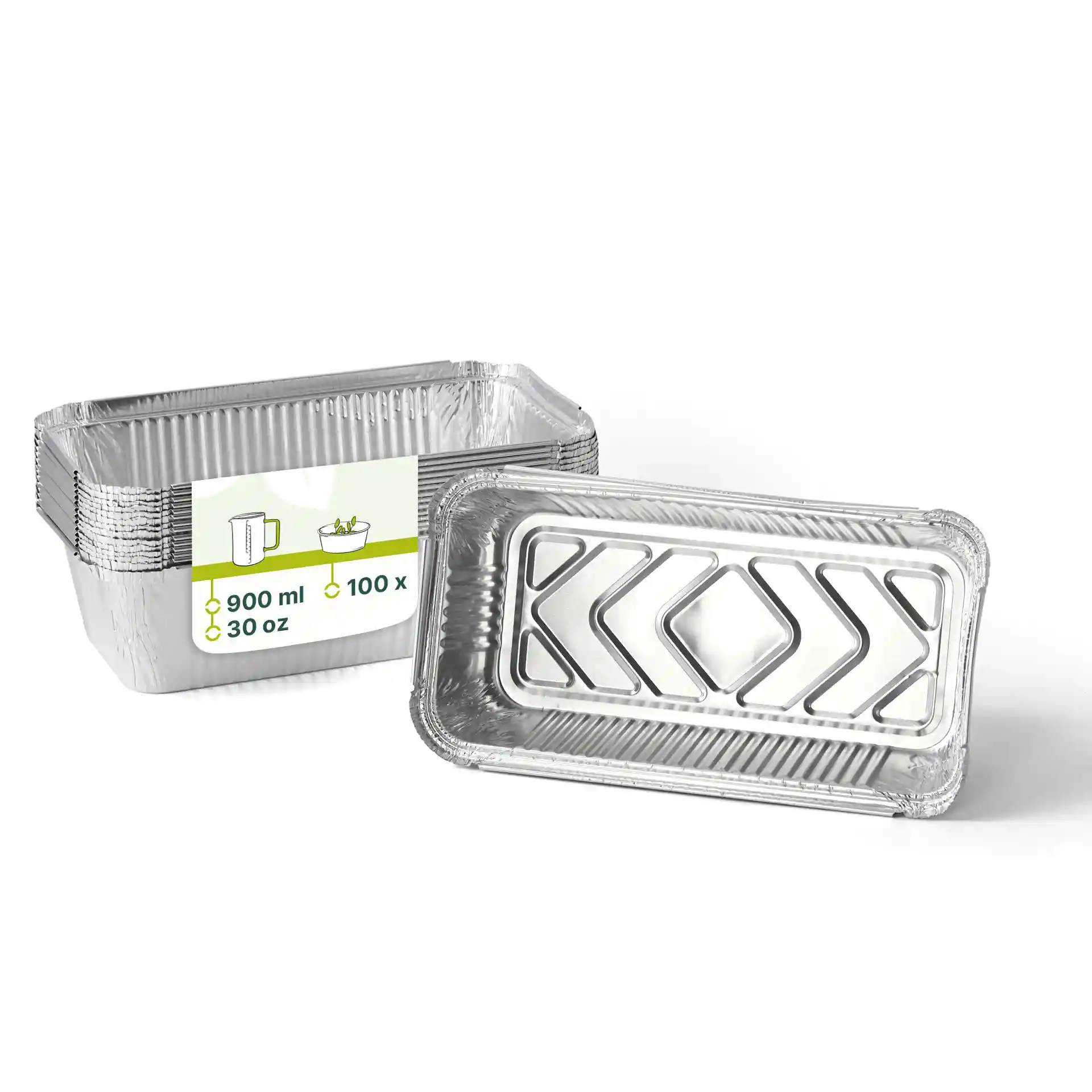 Contenitore in alluminio rettangolare, 21,8 x 11,3 x 5,4 cm, con una capacità di 900 ml, mostrato con più contenitori impilati.