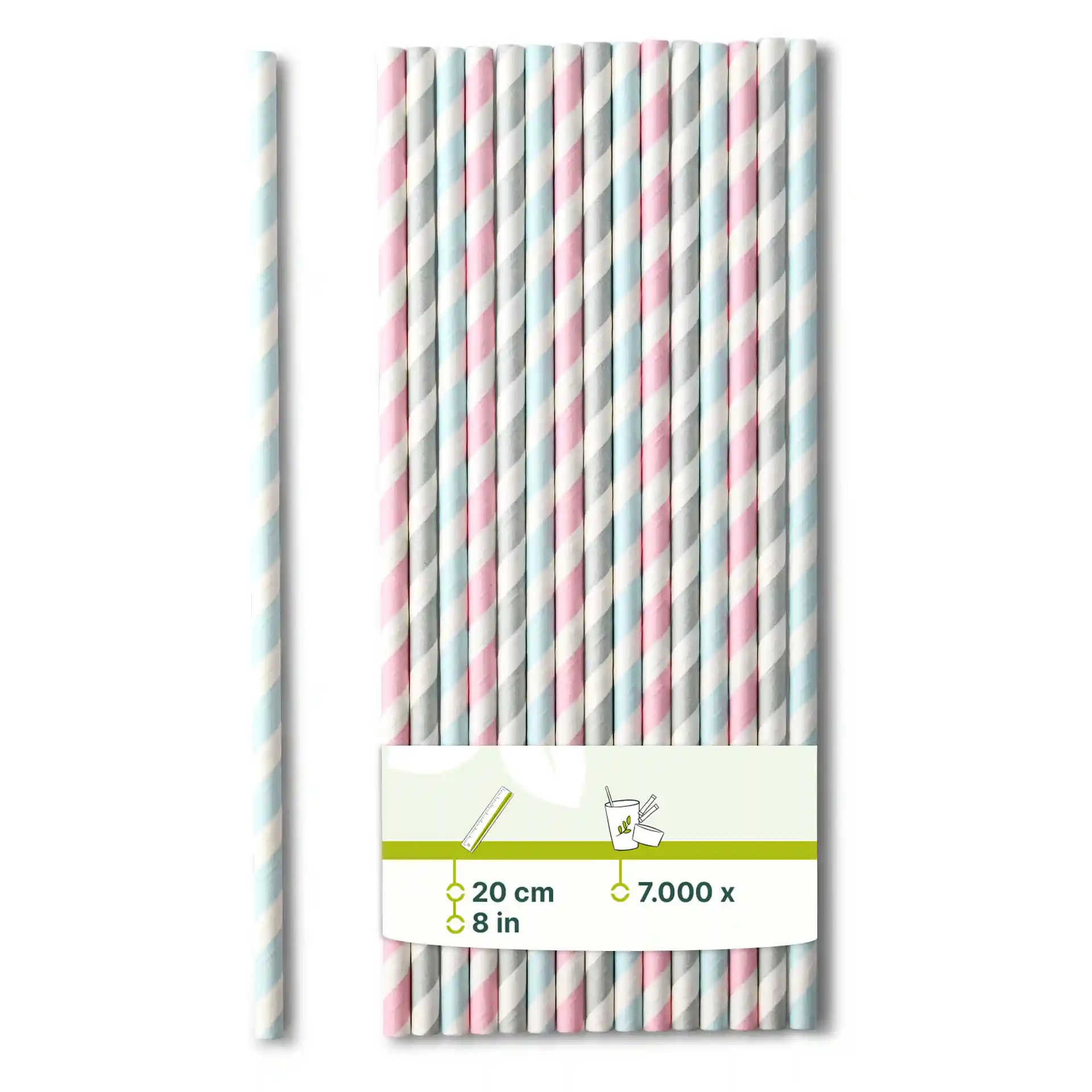 Cannucce di carta a righe pastello, lunghe 20 cm e con un diametro di 0,6 cm, disposte in un fascio con un'etichetta.