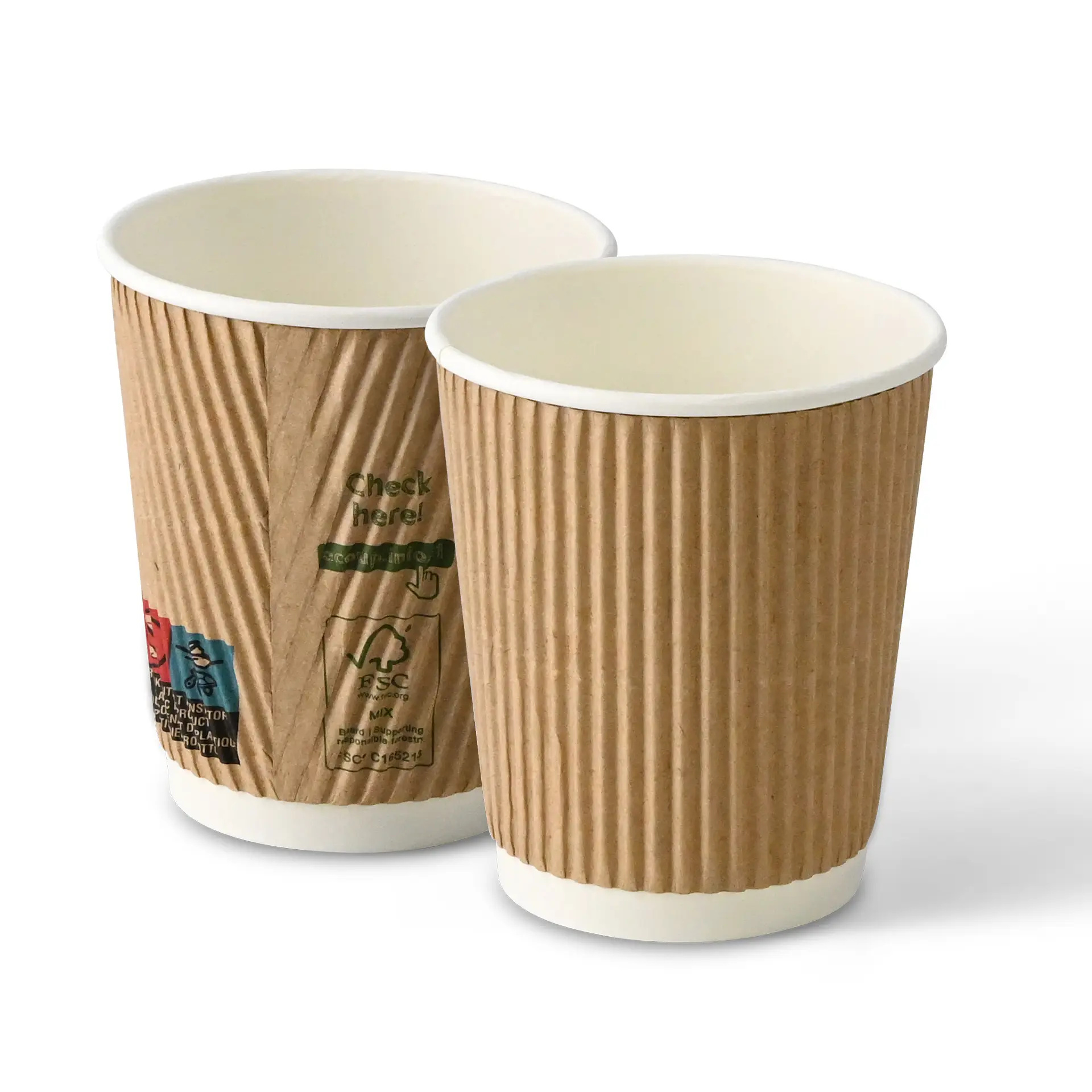 Due tazze di caffè rigate da 8 oz con esterno marrone e interno bianco, una parzialmente visibile dietro l'altra.