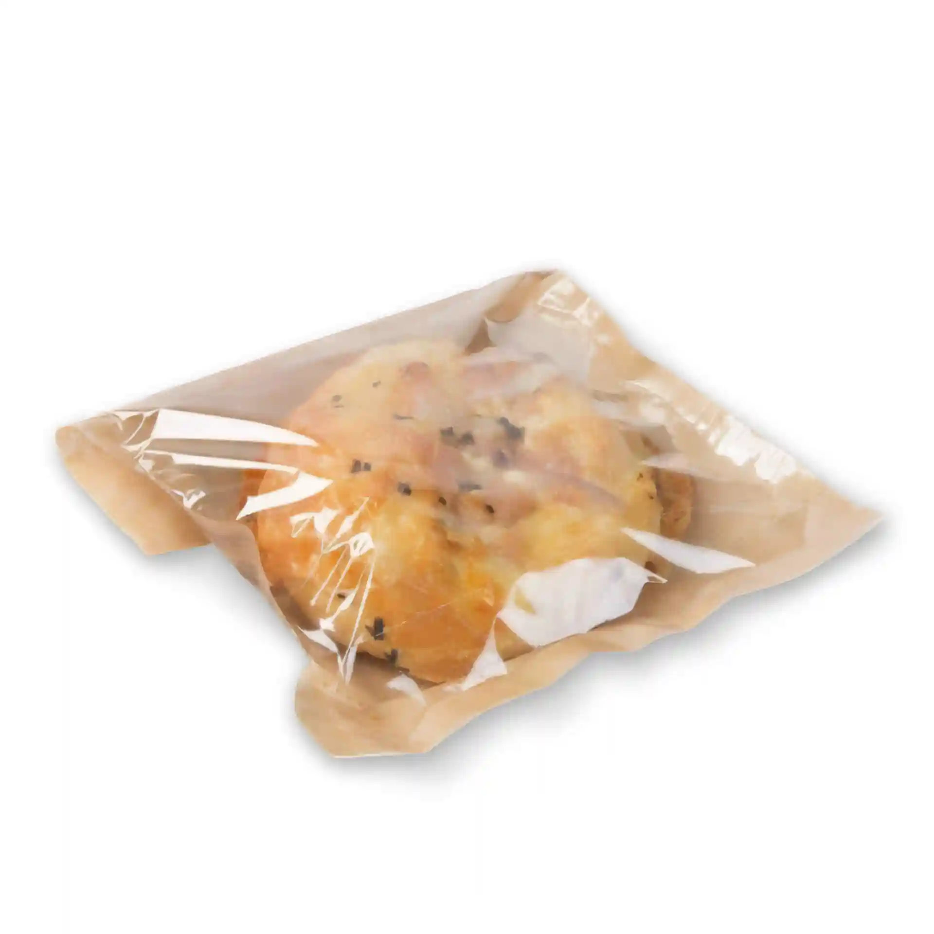 Sacchetto per snack in carta con stampa di foglie di palma, contiene un prodotto da forno avvolto in pellicola trasparente.