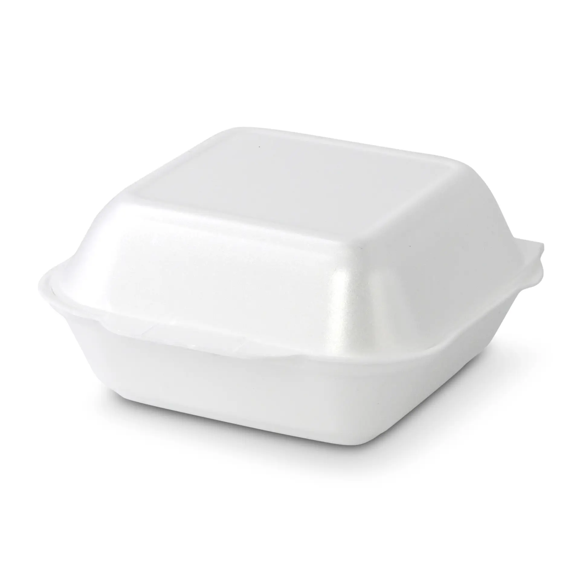 Contenitore per alimenti usa e getta bianco in schiuma con coperchio a cerniera.