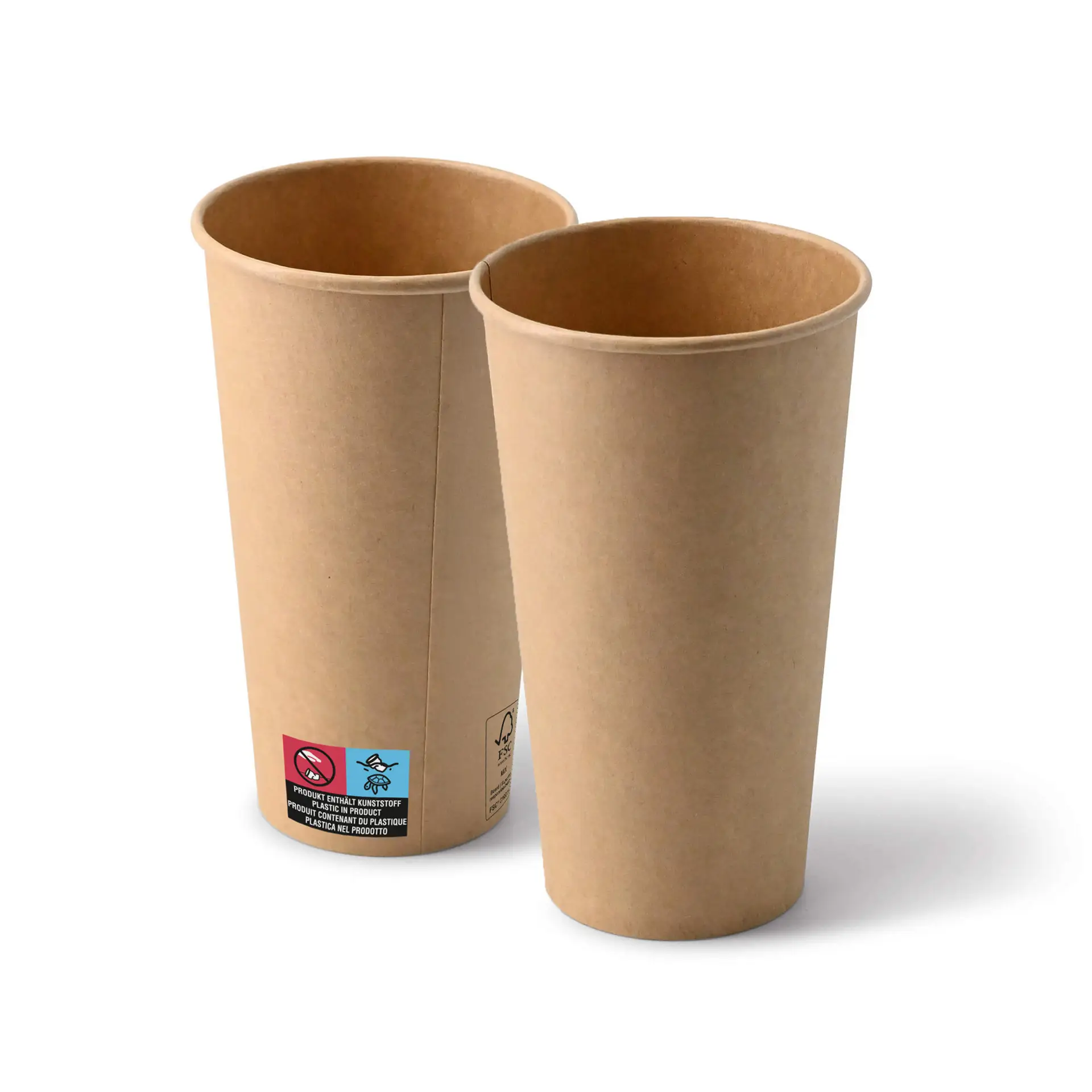 Due bicchieri di carta marroni, dimensione 20 oz, mostrati in posizione verticale con superficie rivestita in PE; ideali per servire bevande come caffè e tè.