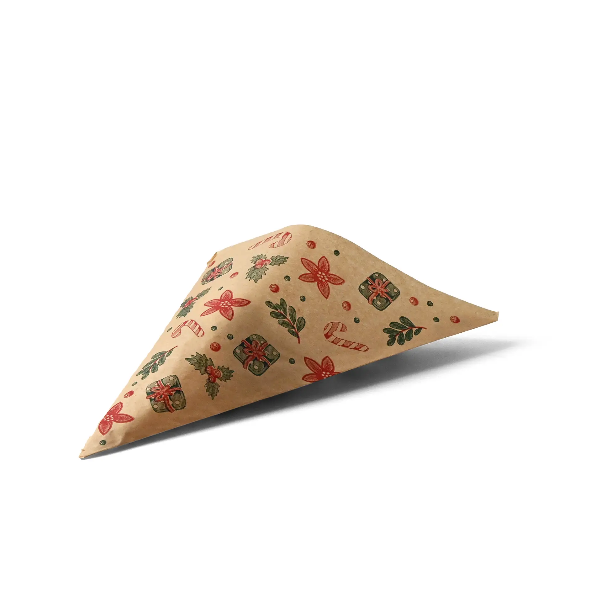 Cono di carta marrone con design invernali, tra cui fiori, regali e bastoncini di zucchero.