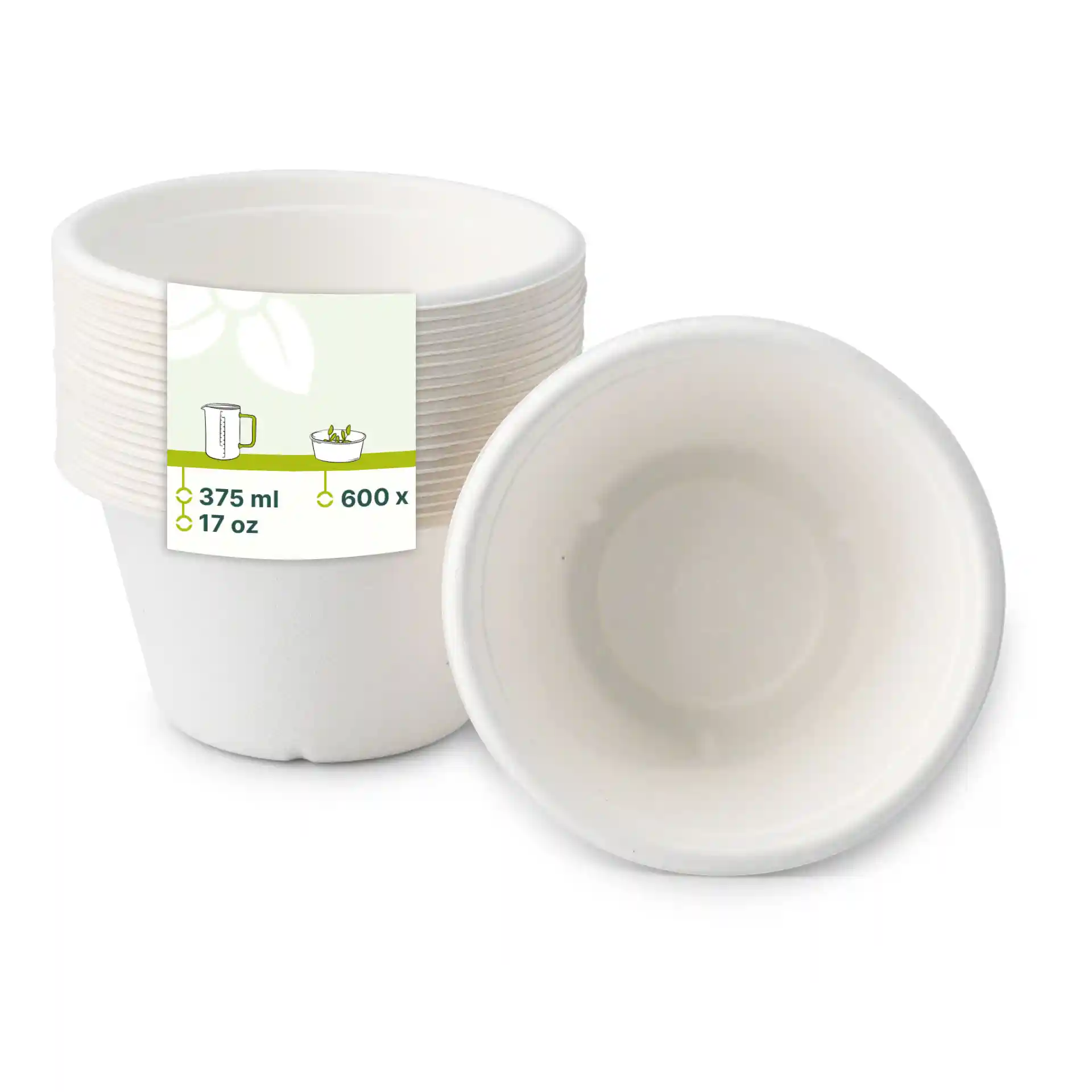 Tazze da zuppa in canna da zucchero bianche impilate, che mostrano l'interno di una tazza e un'etichetta con dettagli sul volume.