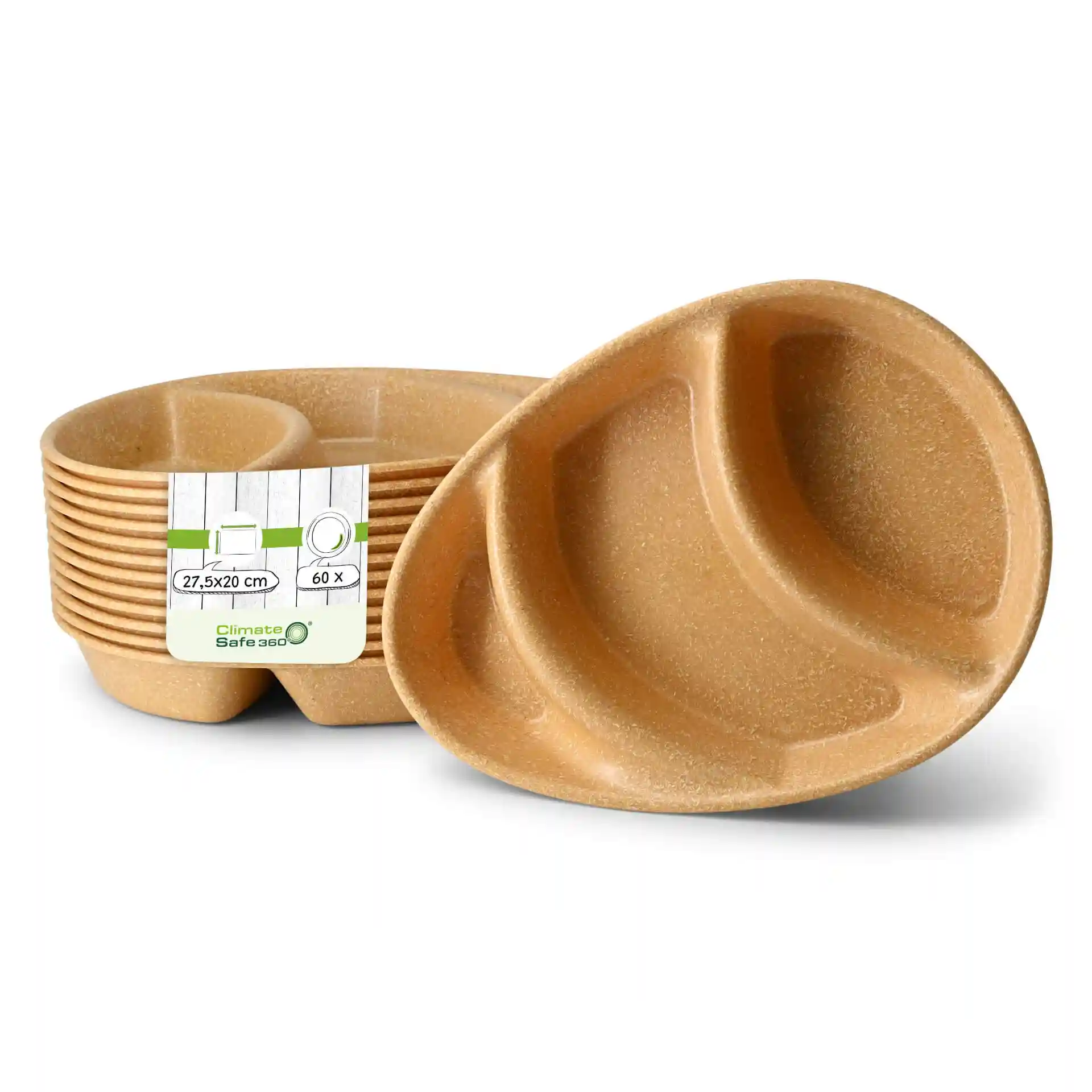 Piatto da menu riutilizzabile marrone con tre scomparti, misura 27,5 x 20 cm, impilato con un'etichetta che mostra le dimensioni.
