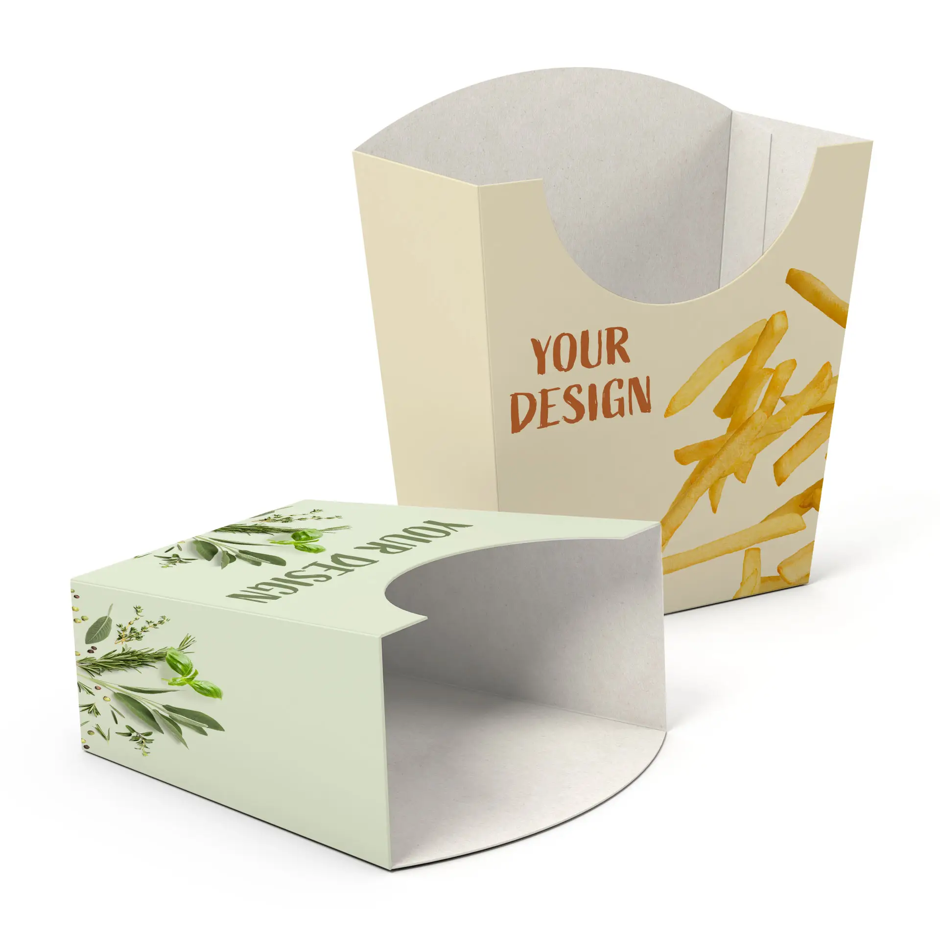 Due cucchiai per patatine personalizzabili in crema e verde, con spazio per design. Un cucchiaio mostra patatine; l'altro ha decorazioni a foglia.