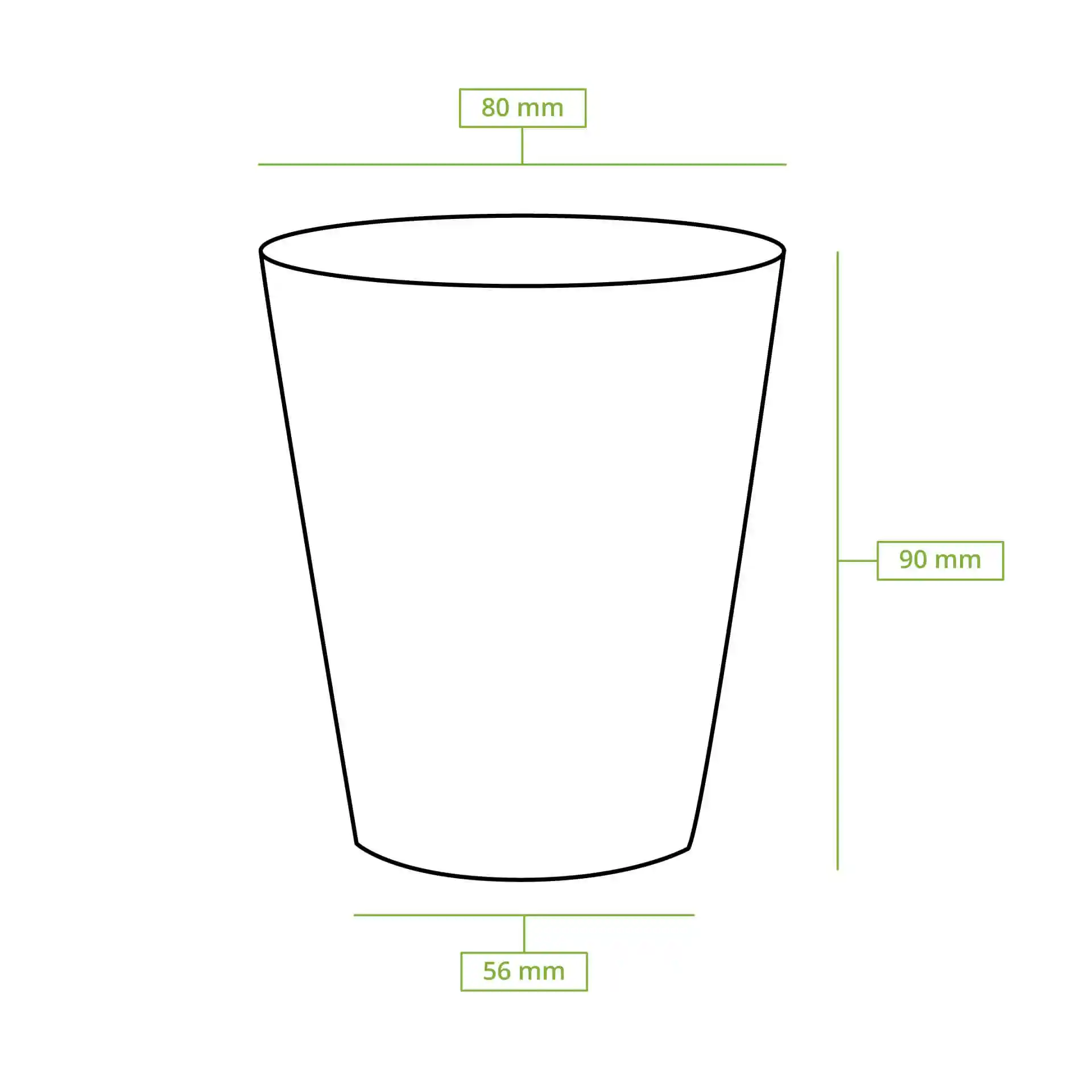 Disegno schematico di un bicchiere di carta rotondo con dimensioni: altezza 90 mm, diametro superiore 80 mm, diametro inferiore 56 mm.