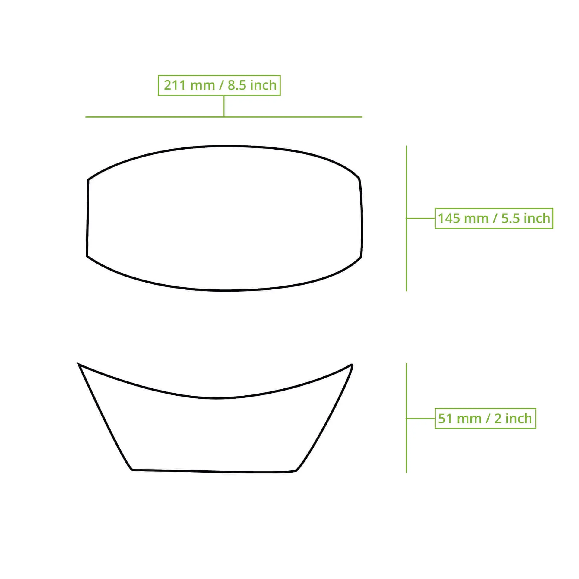 Illustrazione di una ciotola per snack resistente al grasso con dimensioni: 211 mm x 145 mm x 51 mm, progettata per cibi caldi e freddi.