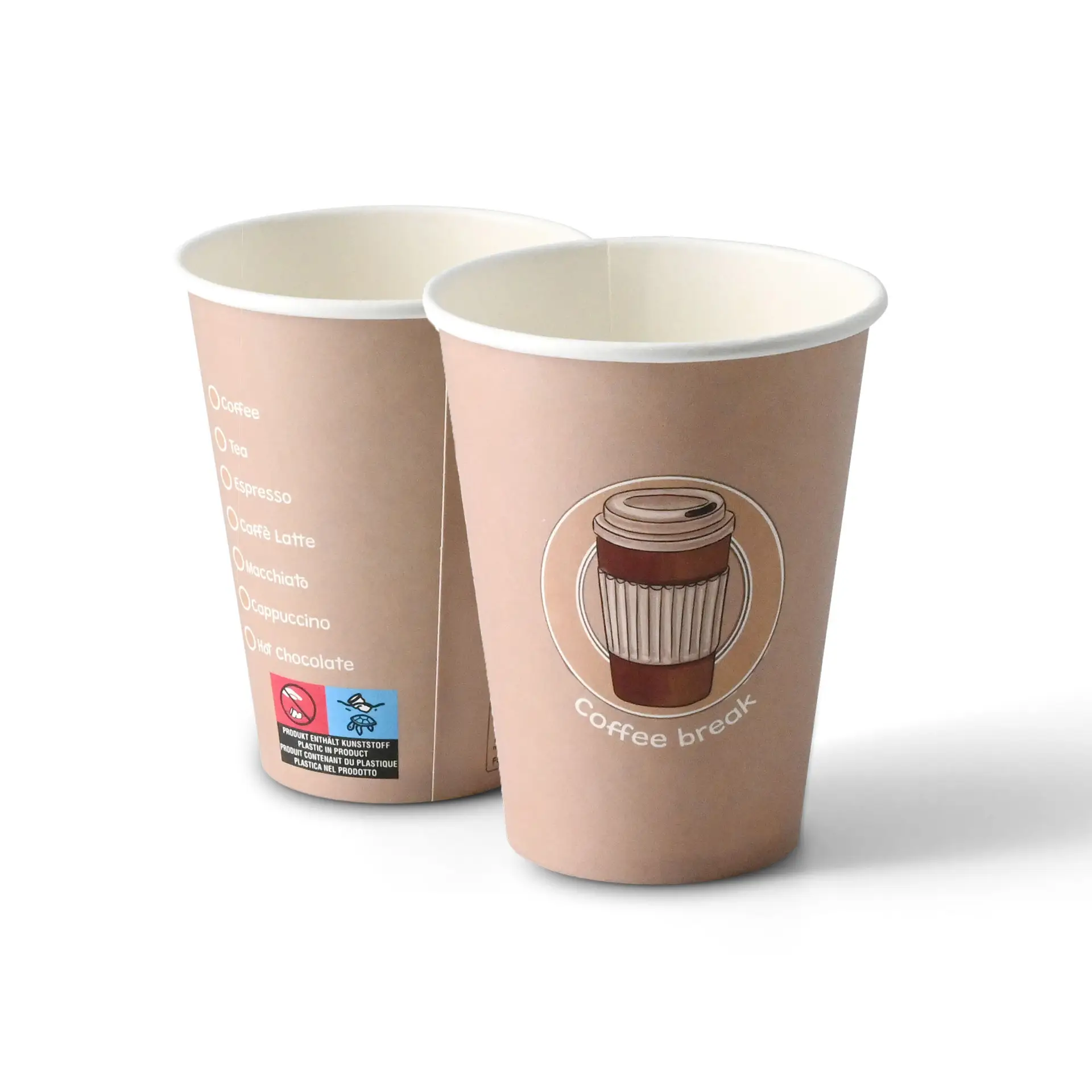 Due bicchieri di carta da 12 oz con un design stampato, con un'illustrazione di una tazza di caffè e il testo "pausa caffè".