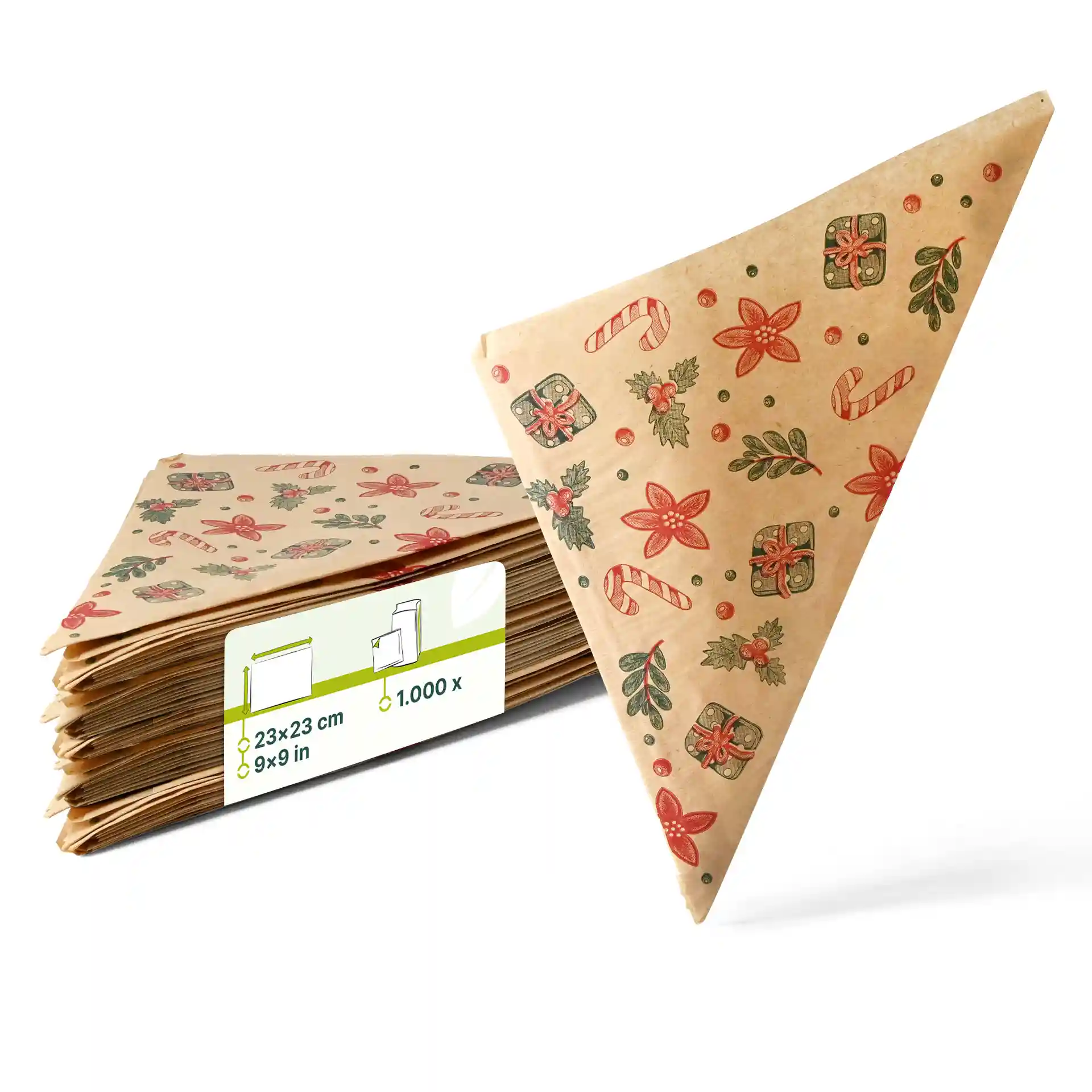 Busta marrone resistente al grasso con design invernale, misura 23 x 23 cm, impilata con altre borse simili dietro.