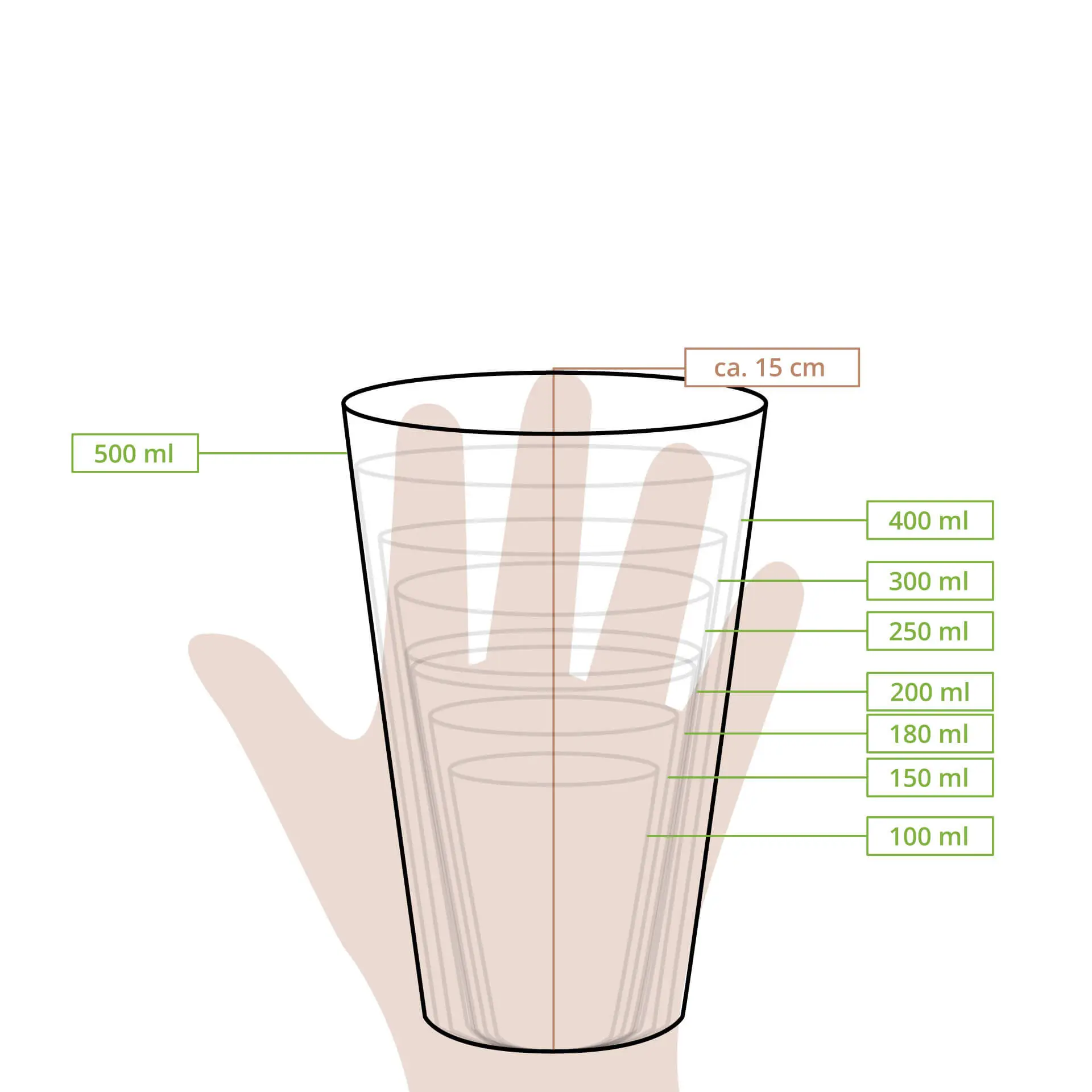 Bicchiere di carta biodegradabile a parete singola con rivestimento PLA, capacità di 500 ml, livelli di misurazione segnati, tenuto in mano.