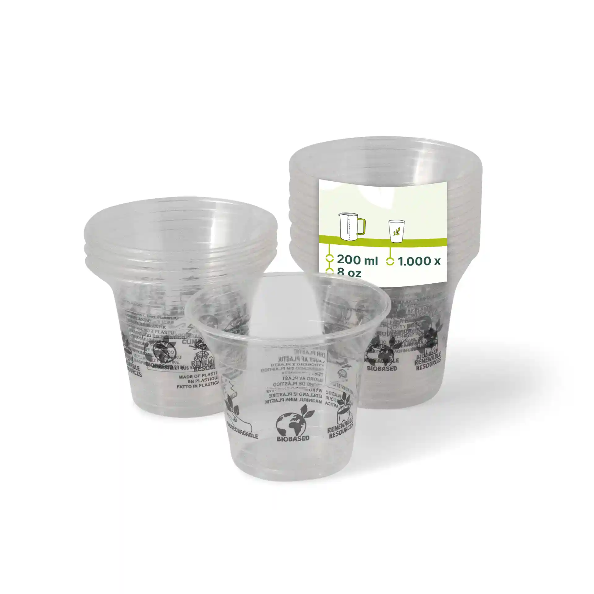 Bicchieri per smoothie in PLA trasparente impilati, con un bicchiere davanti che mostra un'etichetta con volume e dimensioni.