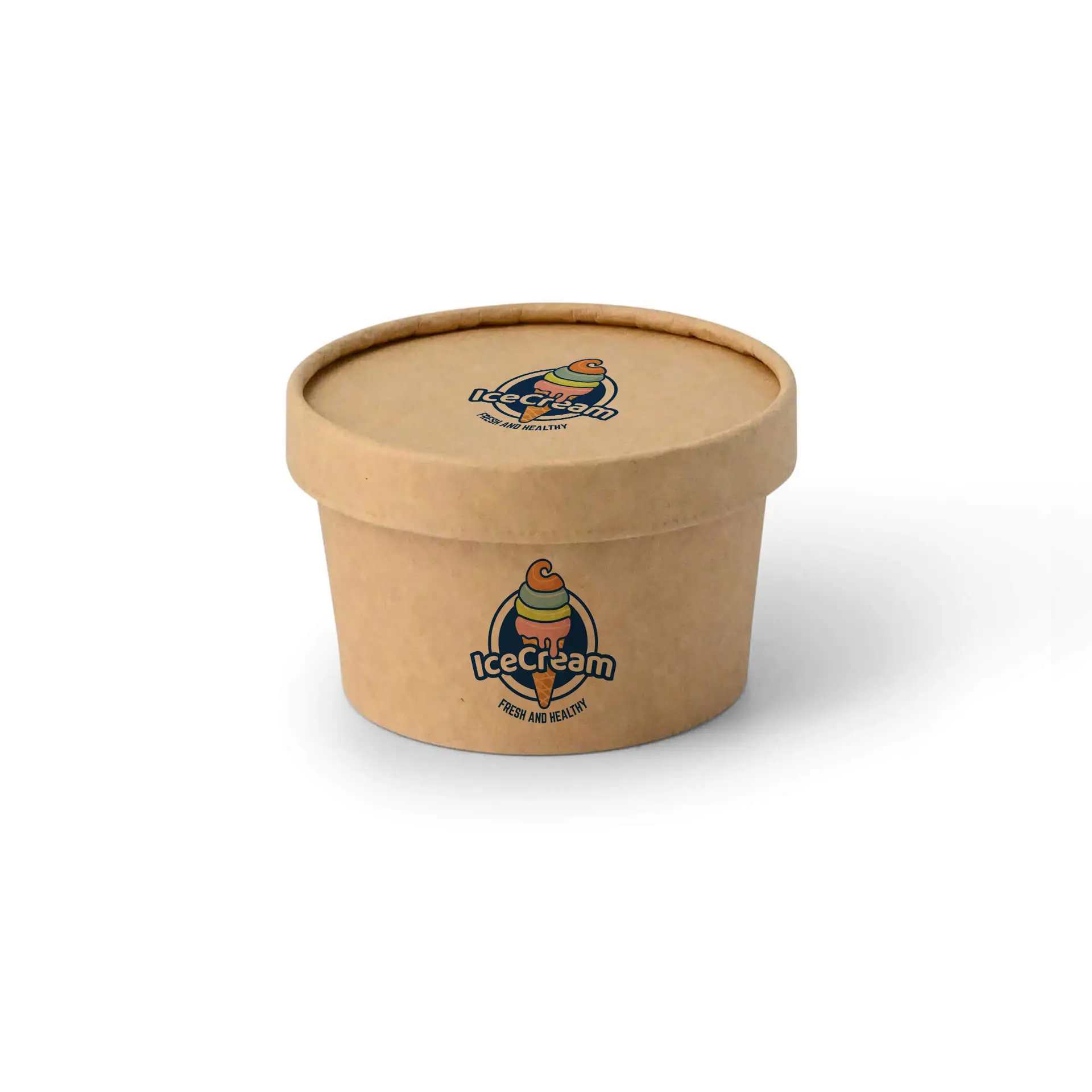 Cup gelato marrone personalizzato con logo; capacità di 125 ml; adatto per gelaterie ed eventi.