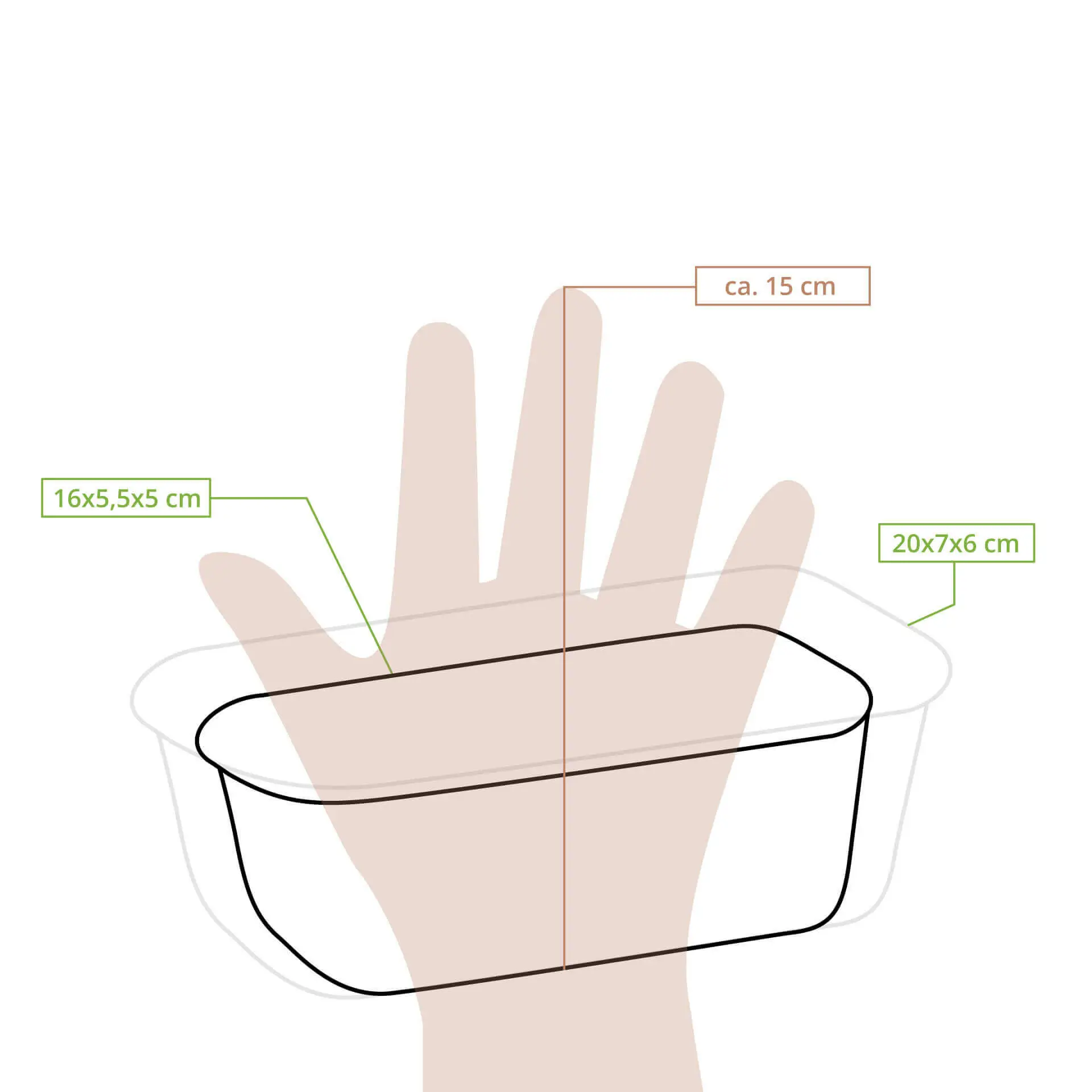 Stampo da forno rettangolare biodegradabile marrone, misura 16 x 5,5 x 5 cm, mostrato accanto a una mano per riferimento alla dimensione.