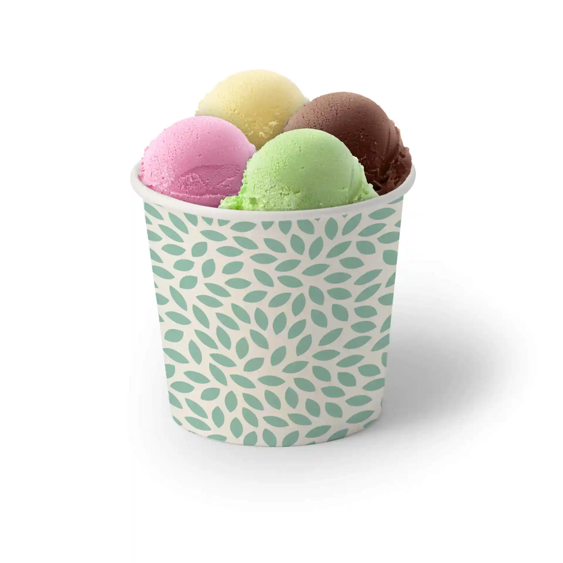 Becher con un motivo decorativo a foglia riempito con quattro palline di gelato: rosa, giallo, verde e marrone.