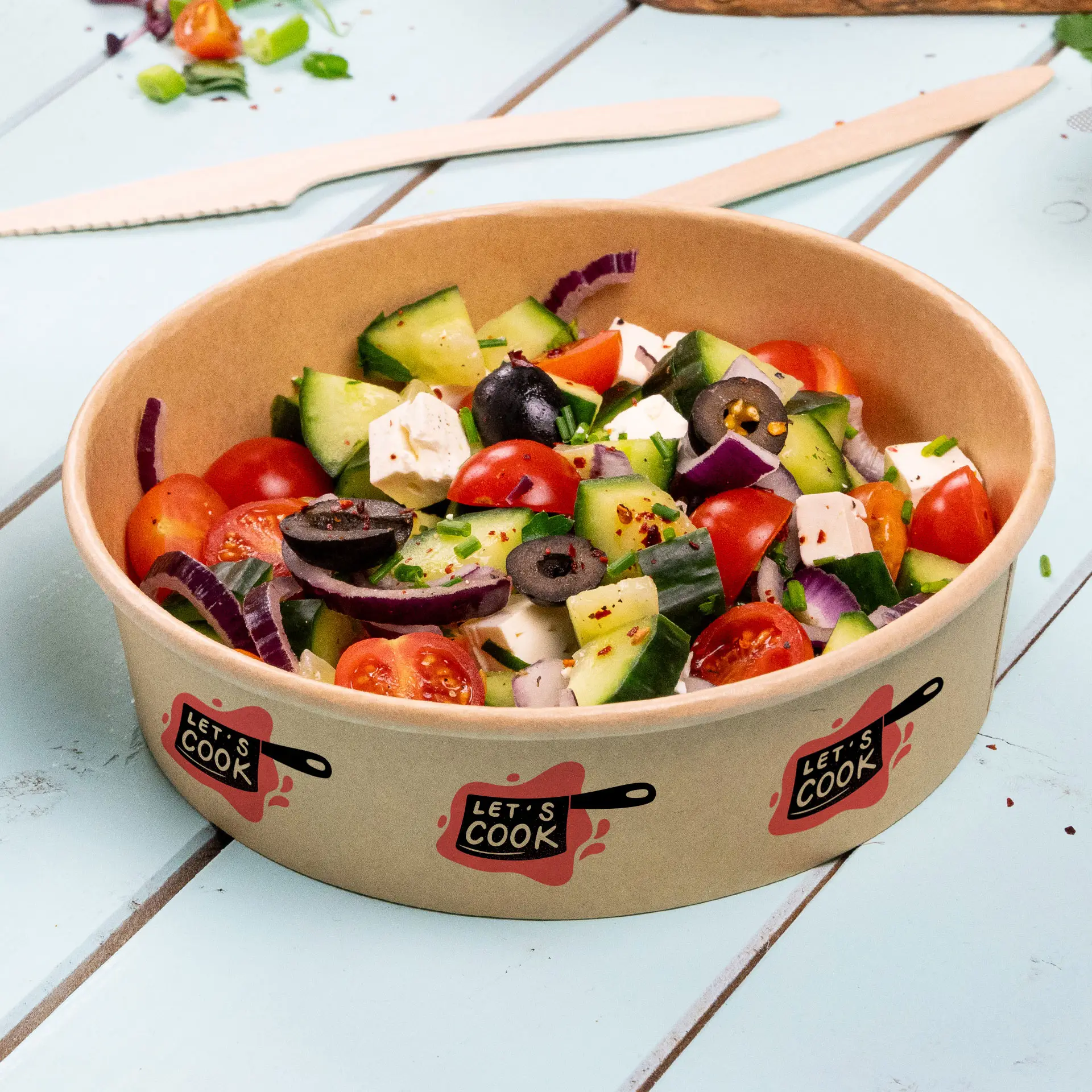 Ciotole per insalata personalizzate / Bowls stampate, 400 ml, Ø 150 mm, marrone, con rivestimento PLA