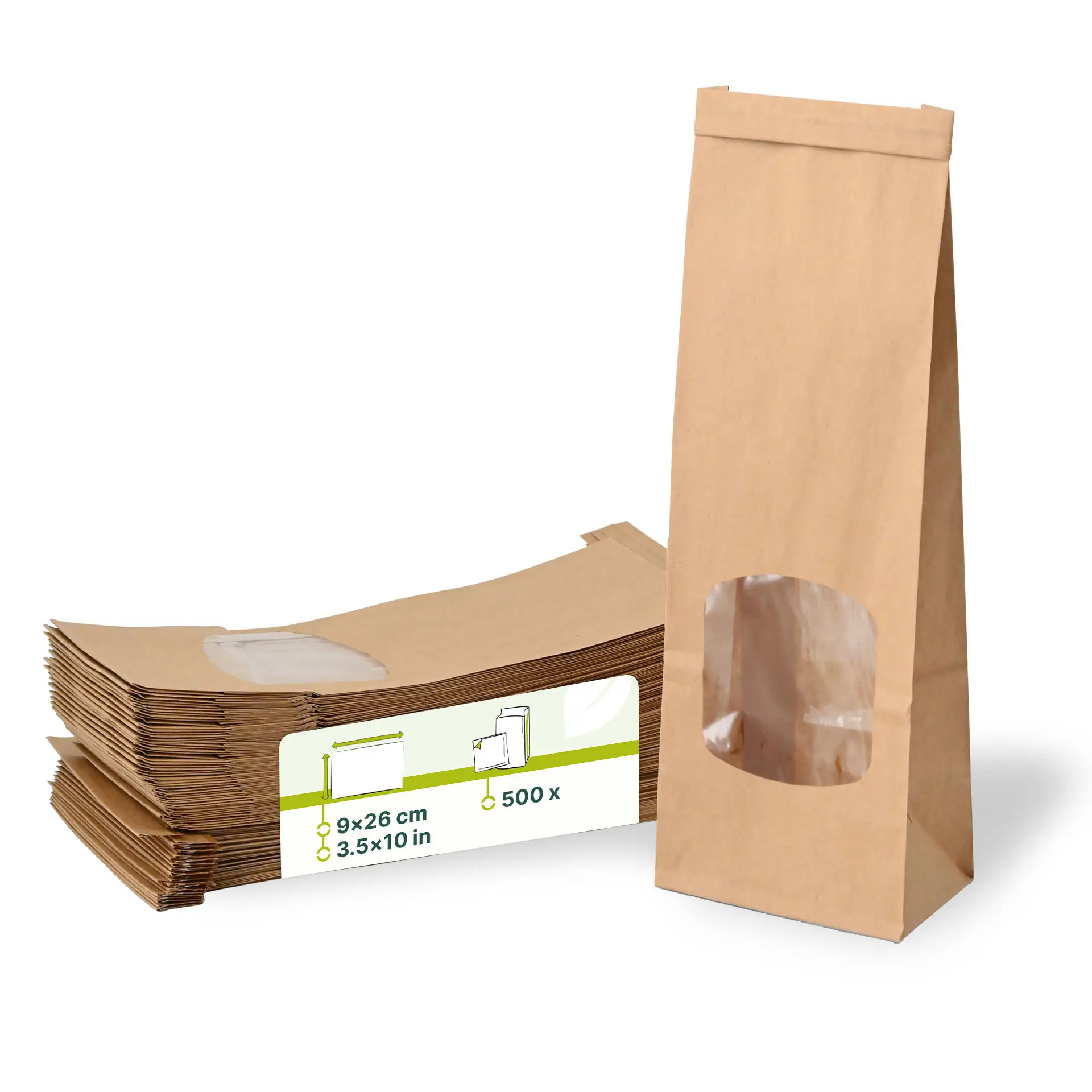 Blockbeutel m. Fenster S, 9 x 4,5 x 26 cm, PP-Folie, braun, Clipband, Kraftpapier