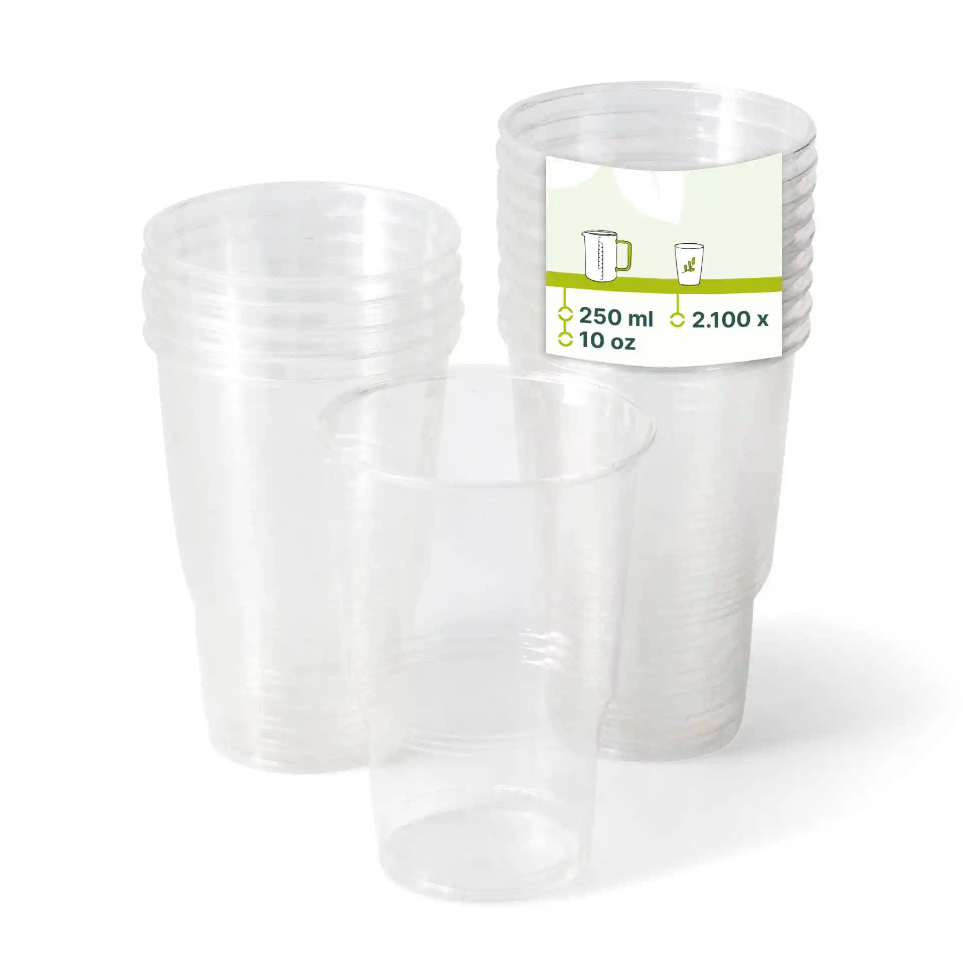 Bicchieri di plastica trasparente impilati, con un bicchiere davanti e un'etichetta che mostra volume e dimensioni.