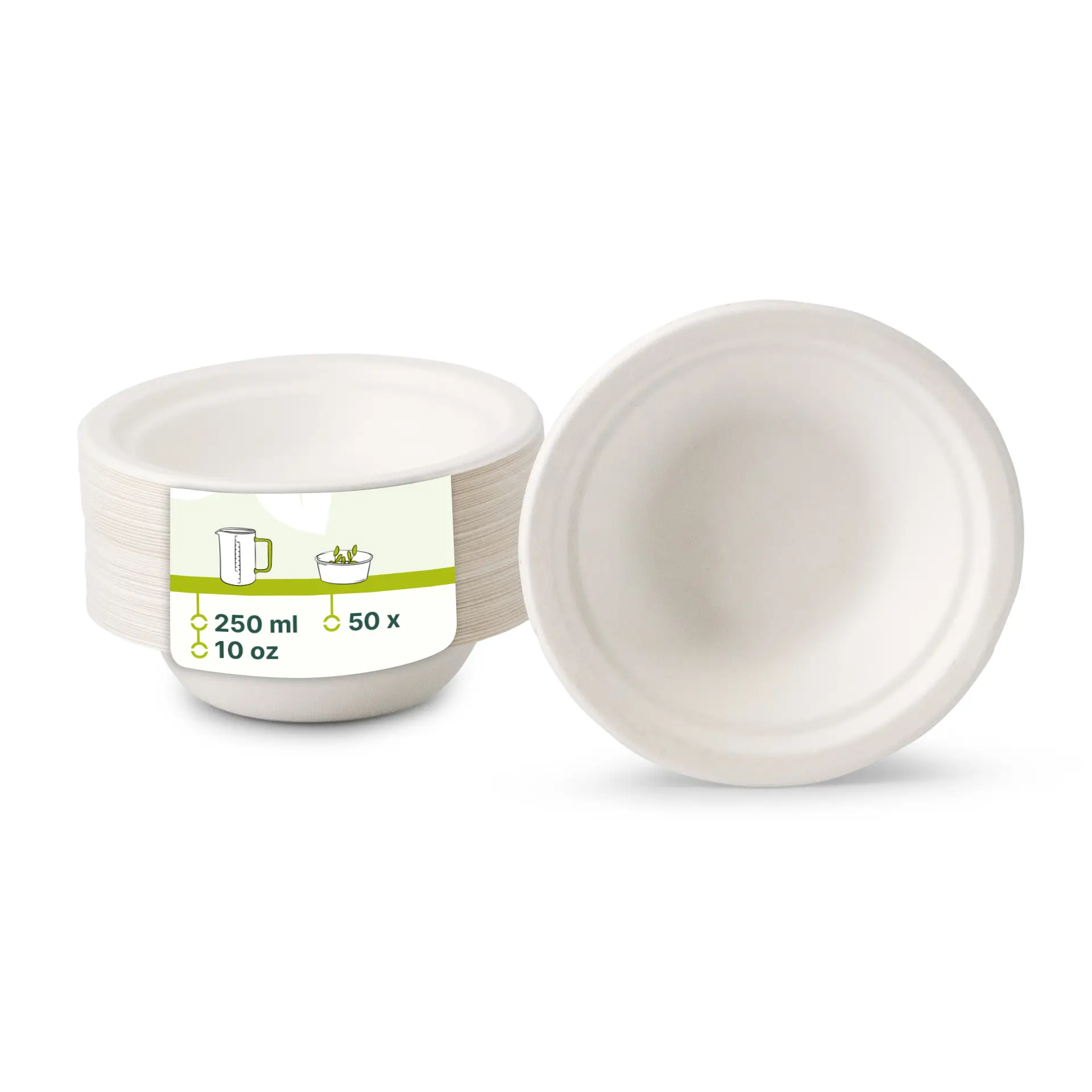 Ciotola in canna da zucchero, rotonda, 250 ml; realizzata in bagassa; adatta per piatti caldi e freddi; compostabile e biodegradabile.