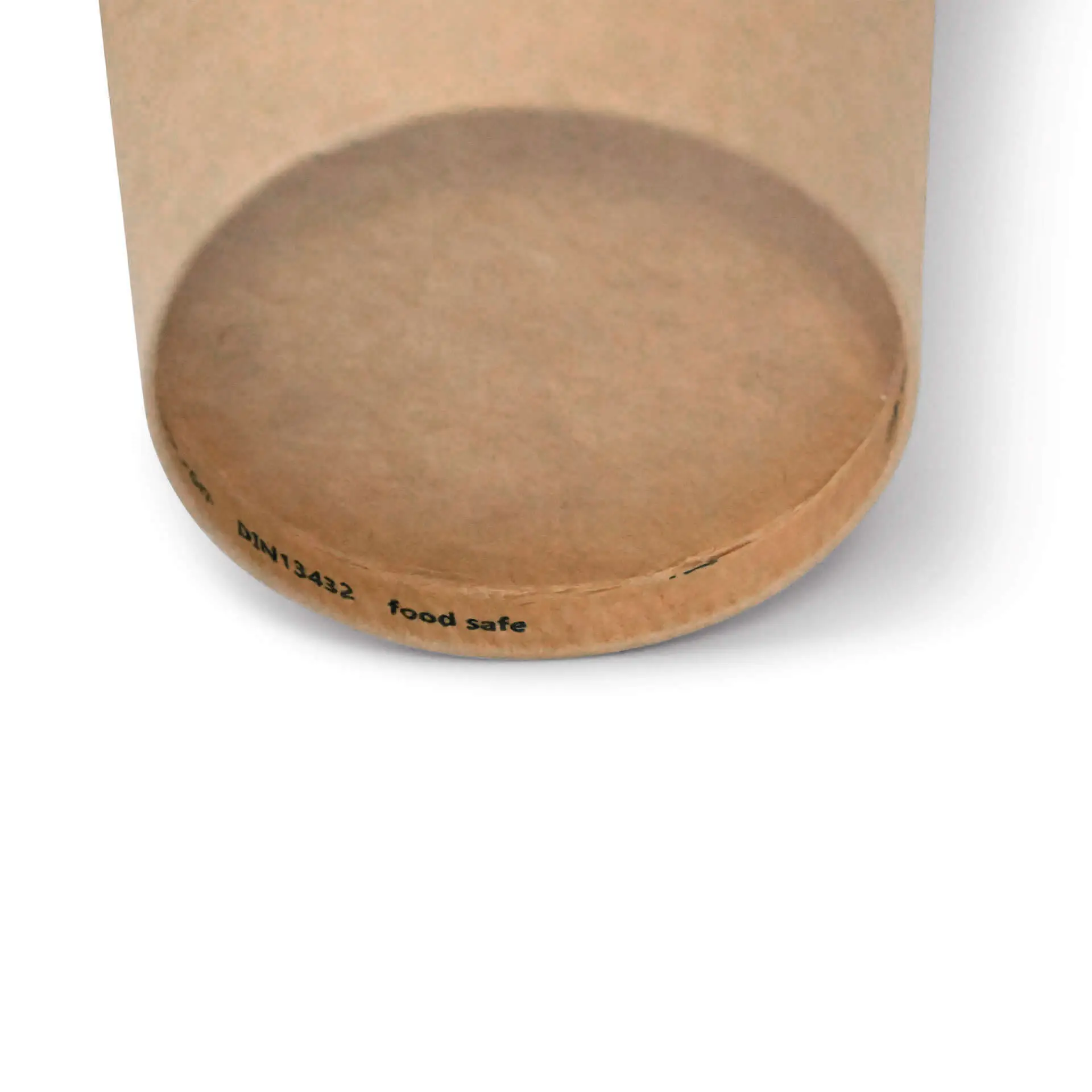 Bicchiere di carta marrone con rivestimento in PE, mostra la base circolare e marchi, inclusi 'DIN13422' e 'si adatta al cibo'.