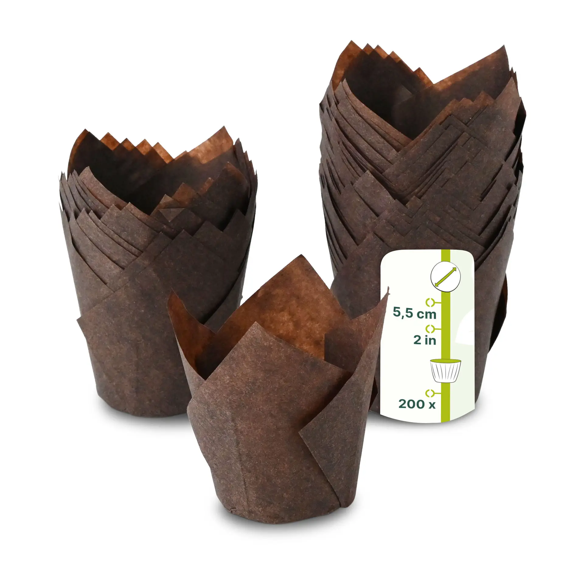 Coppette per muffin in carta antiaderente marrone, altezza di 5,5 cm; diverse coppette impilate con etichetta prodotto visibile.