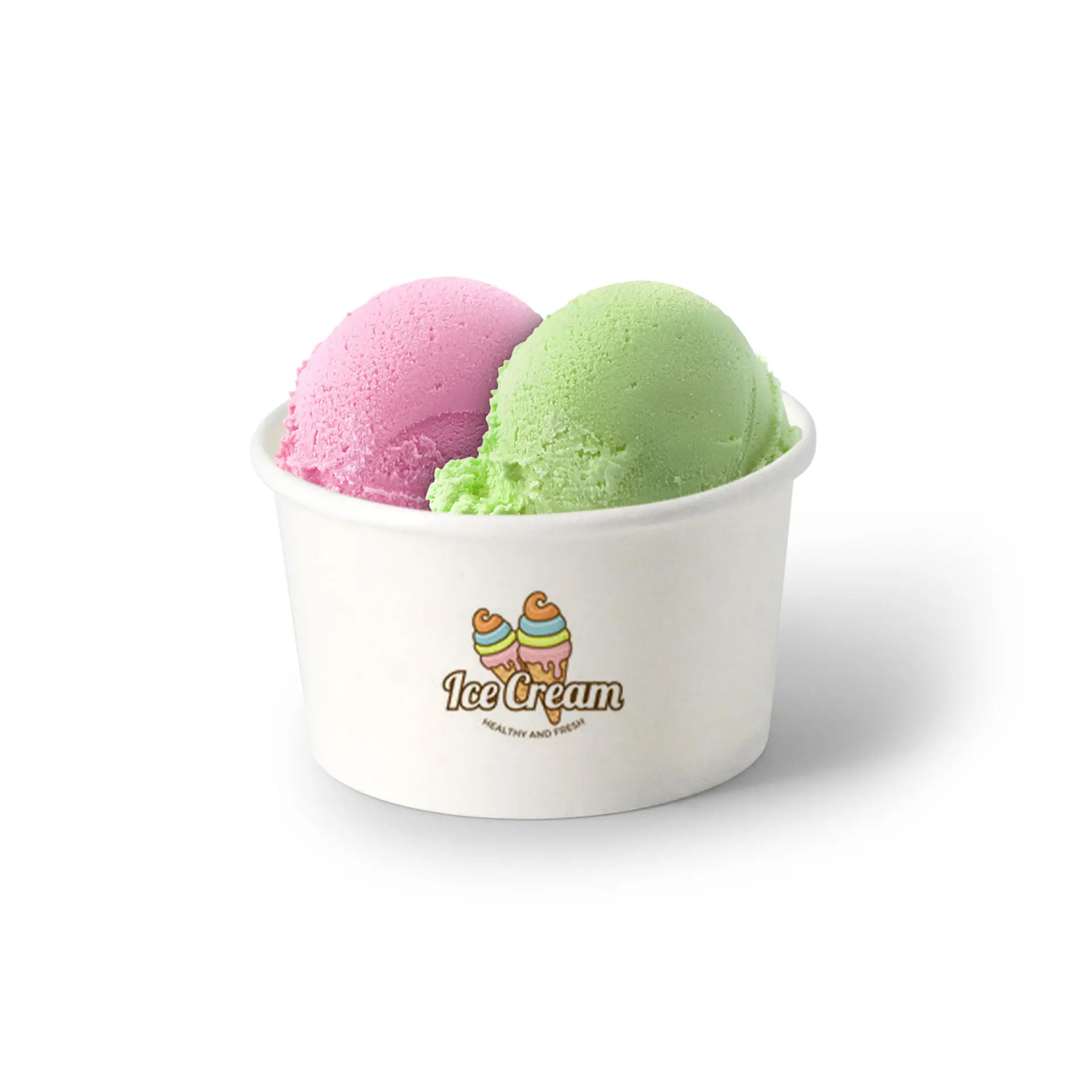 Cup di gelato personalizzato con palline rosa e verdi; logo sul davanti. Ideale per gelaterie ed eventi.