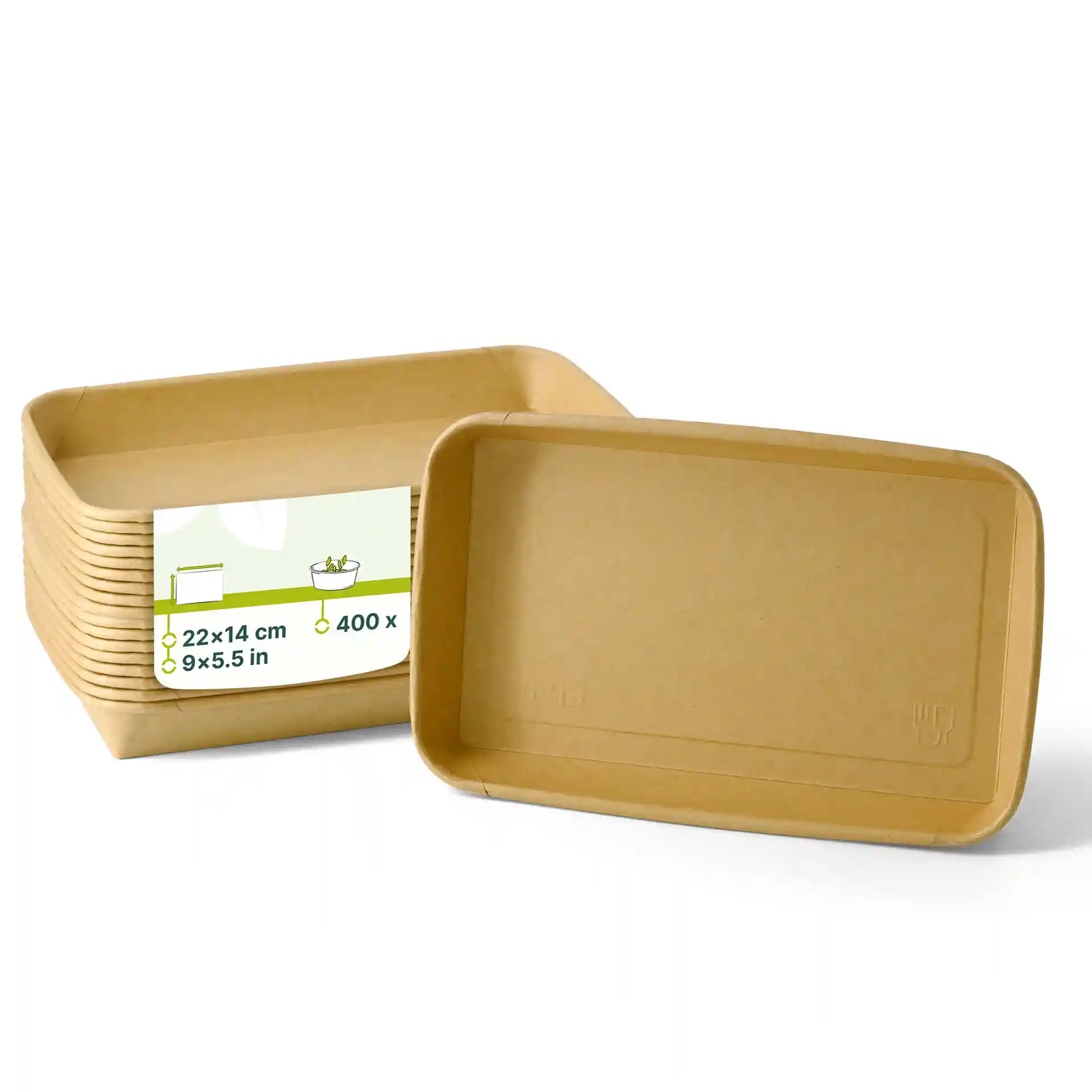 Scatole di sushi marroni con dimensioni 22 x 14 cm, impilate con una scatola leggermente inclinata per mostrare l'interno.