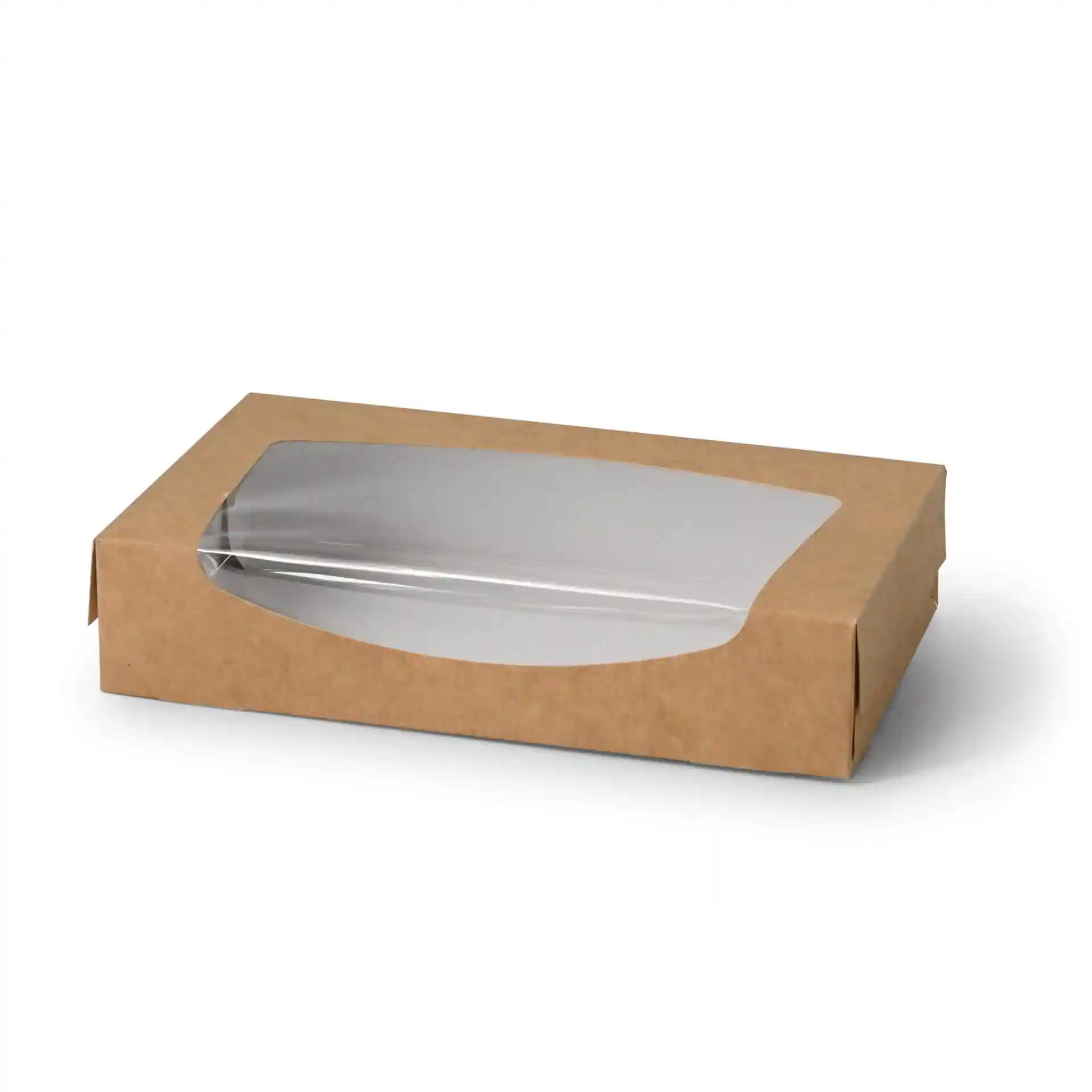 Scatola di cartone marrone con coperchio in plastica trasparente, misura 20 x 12 x 4 cm.