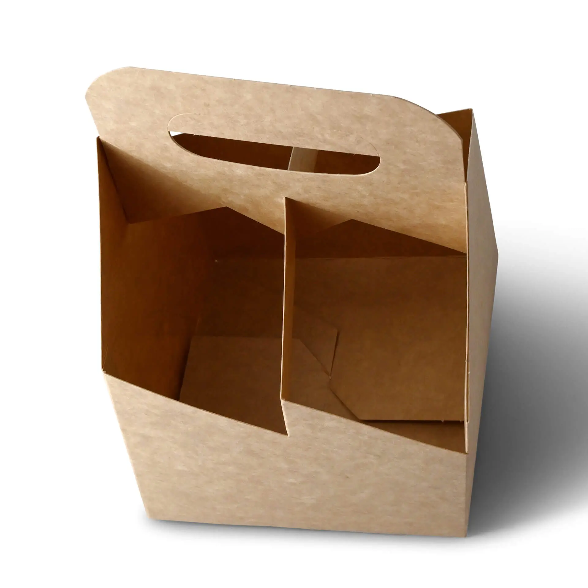 Porta bottiglie in cartone marrone pieghevole con manico, progettato per 2-4 bottiglie; adatto per varie bevande.