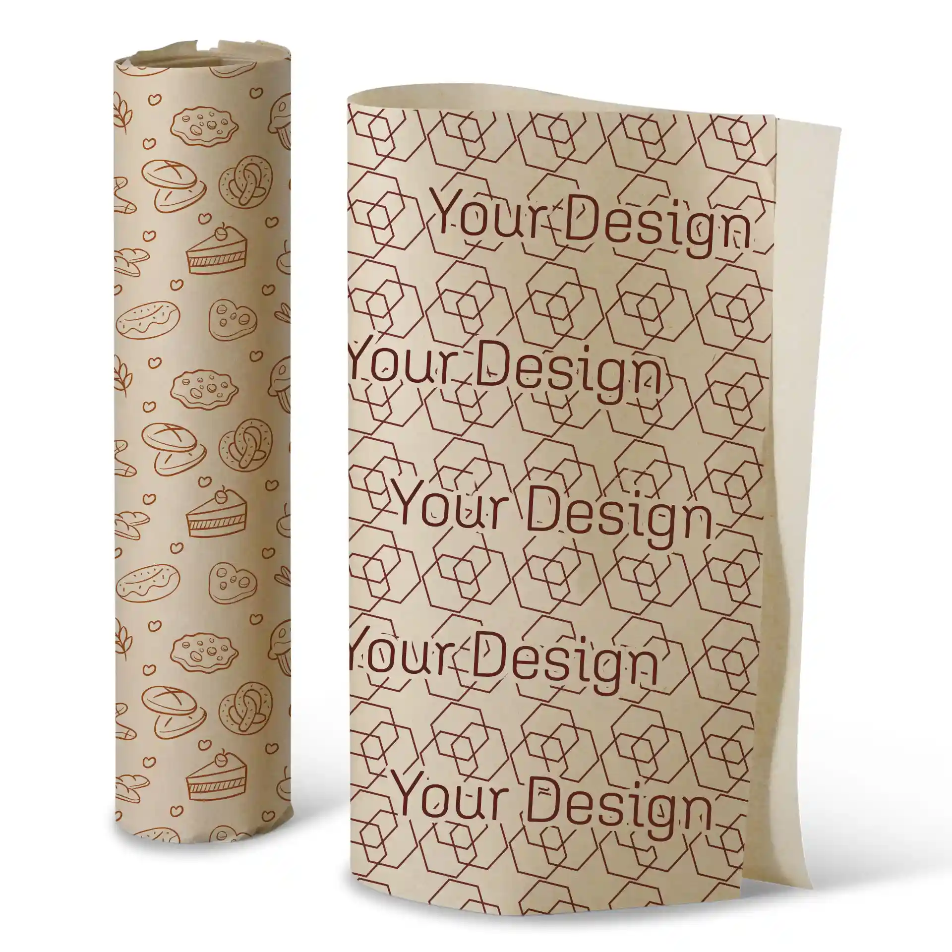Carta da regalo stampata con sfondo marrone, con varie illustrazioni di dessert e un design ripetitivo.