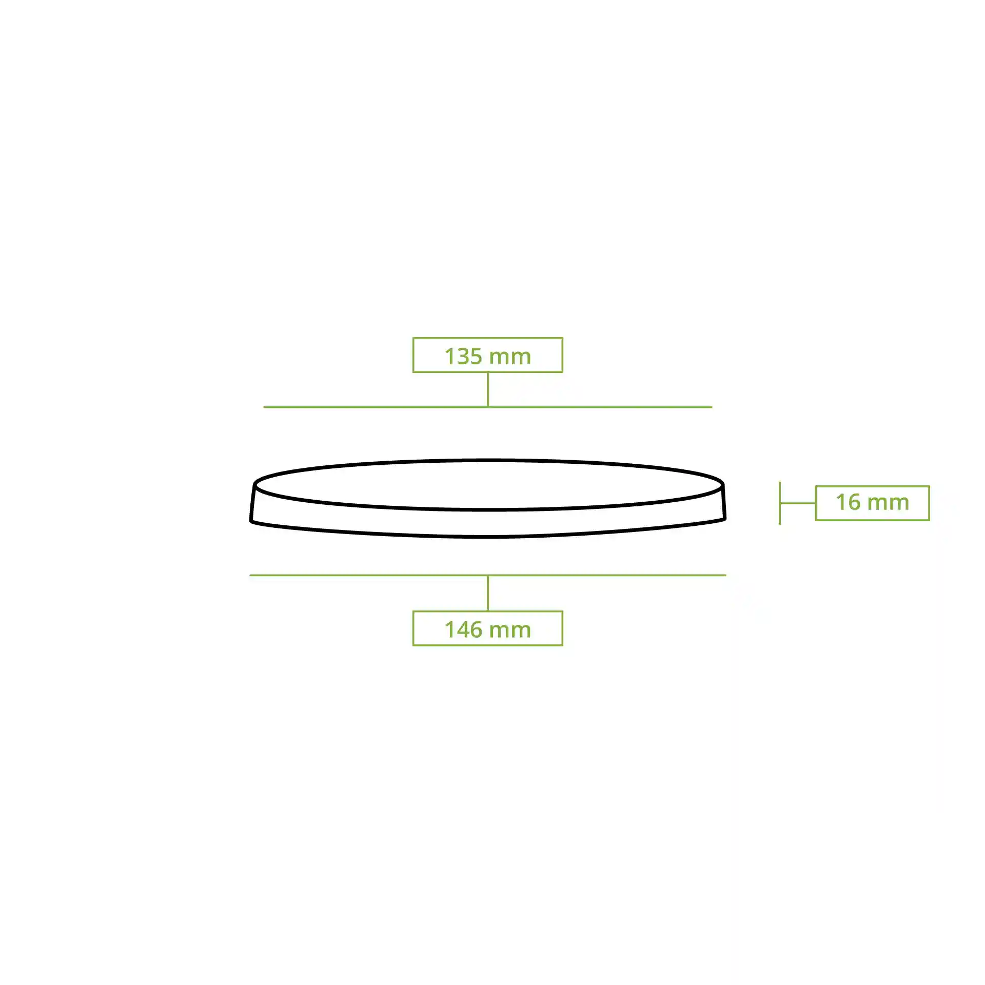 Disegno schematico di un coperchio rotondo con diametro superiore di 135 mm, diametro inferiore di 146 mm e altezza di 16 mm.