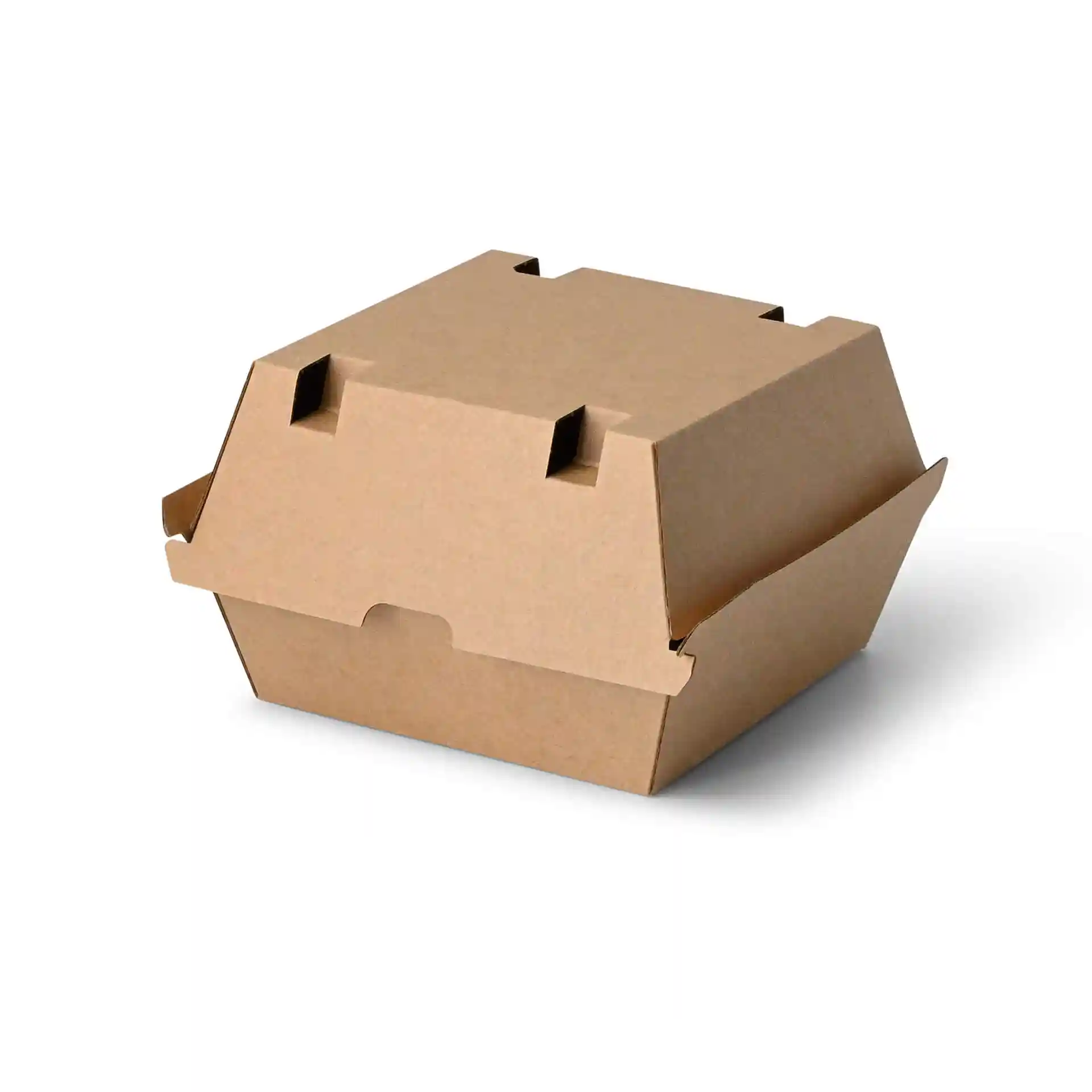 Scatola per hamburger rettangolare marrone in cartone, misura 16,8 x 15,8 x 9,8 cm, con coperchio e senza finestra.