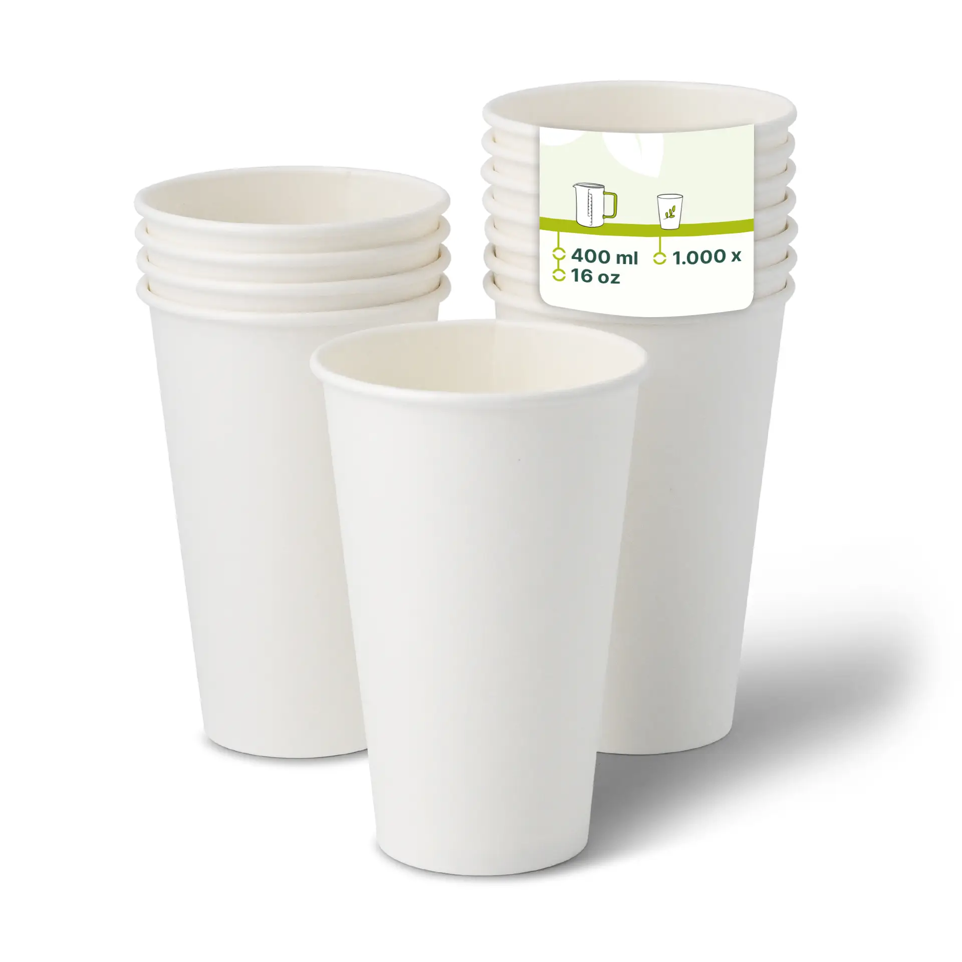Bicchieri di carta bianchi impilati, con un bicchiere davanti che mostra un'etichetta di 400 ml e 16 oz.