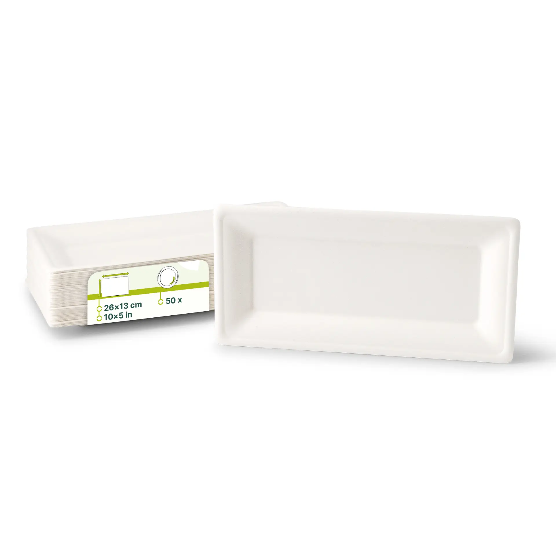 Piatti rettangolari monouso in canna da zucchero, 26 x 13 cm, mostra un piatto davanti e una pila dietro.