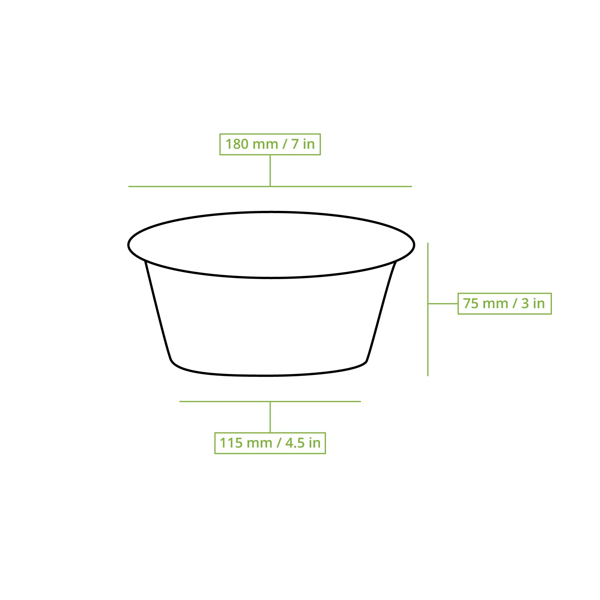 Contenitore per alimenti nero riutilizzabile; dimensioni 180 mm di diametro, 75 mm di altezza, 115 mm di base; adatto per piatti caldi e freddi, sicuro per microonde e lavastoviglie.