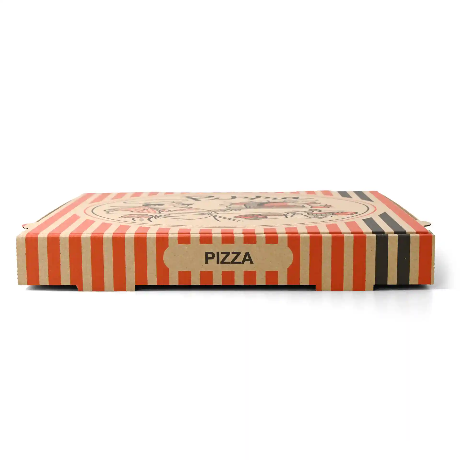 Scatola di pizza in cartone con strisce rosse e bianche, con un design di chef pizzaiolo e la parola "PIZZA" sul lato.