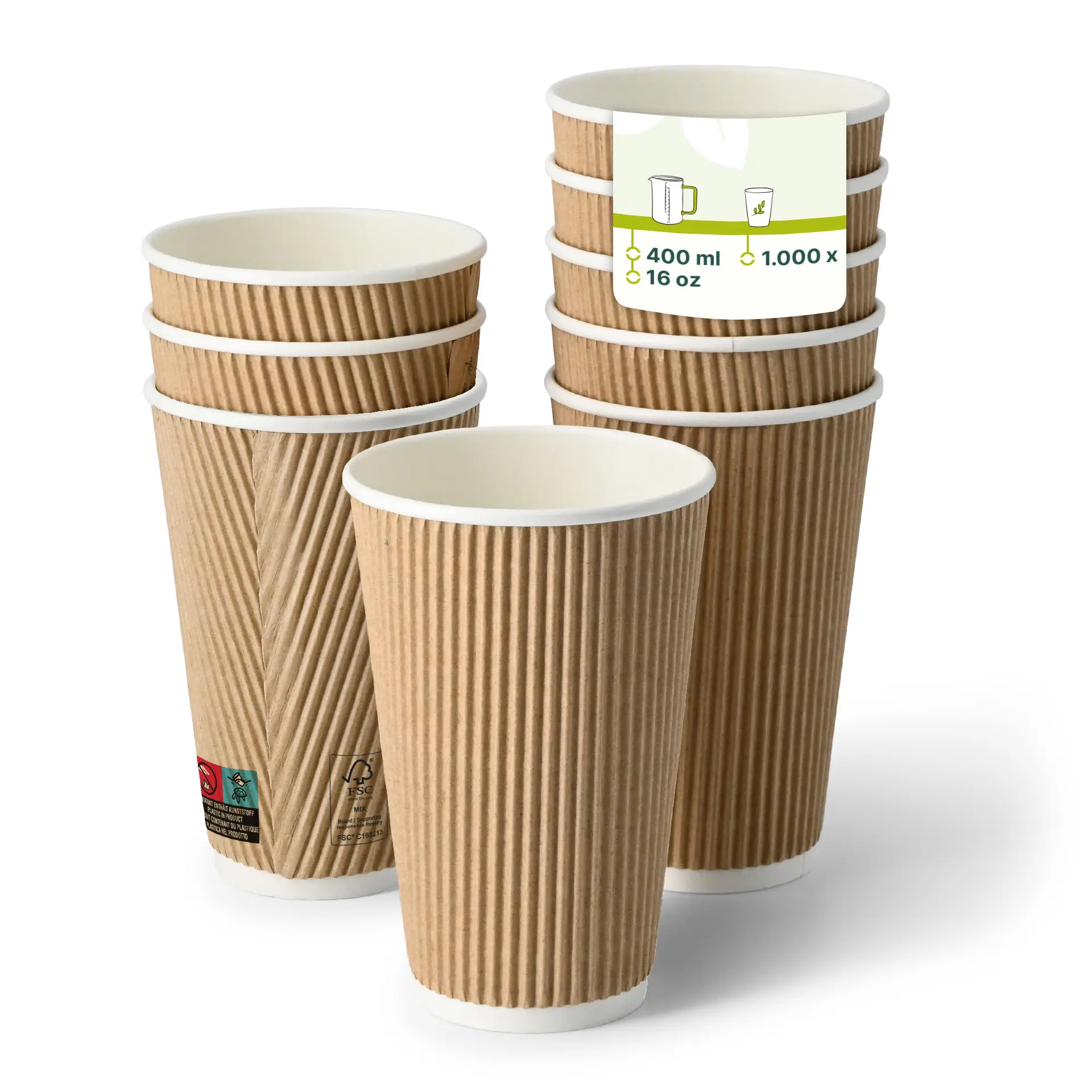 Tazze da caffè marroni a ondulazione impilate, con una tazza davanti che mostra un interno bianco.