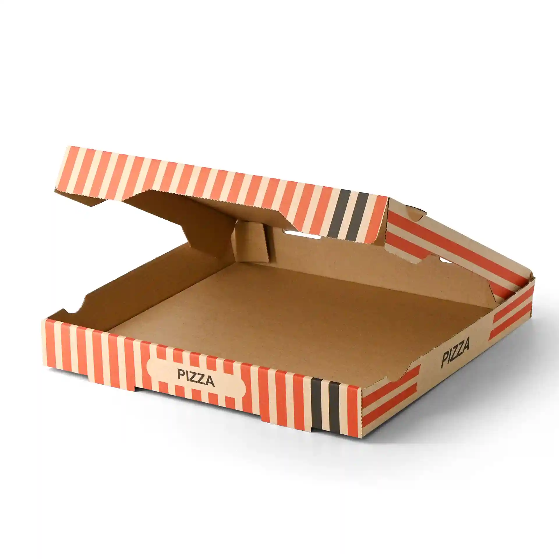 Scatola per pizza in cartone con esterno marrone e design a righe rosse, misura 30 x 30 cm e 4 cm di altezza.