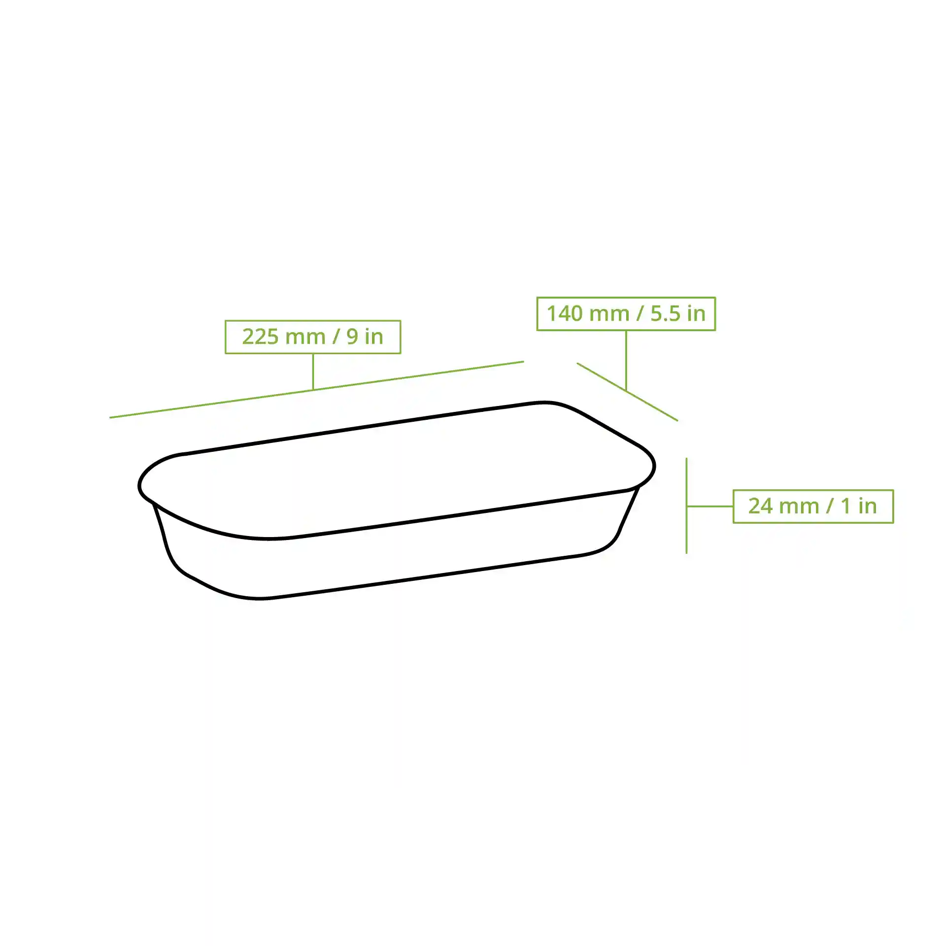 Disegno schematico di una scatola per sushi rettangolare con dimensioni etichettate: 225 mm di lunghezza, 140 mm di larghezza e 24 mm di altezza.