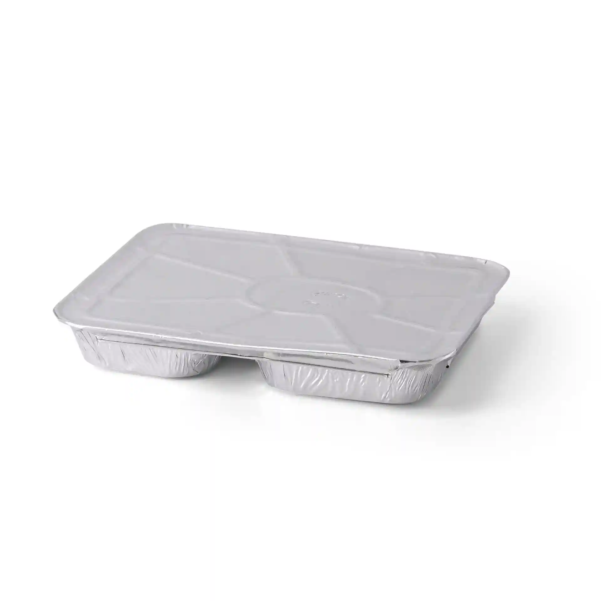 Vassoio per pasti in alluminio con due scomparti, forma rettangolare, misura 22,7 x 17,7 x 3 cm.