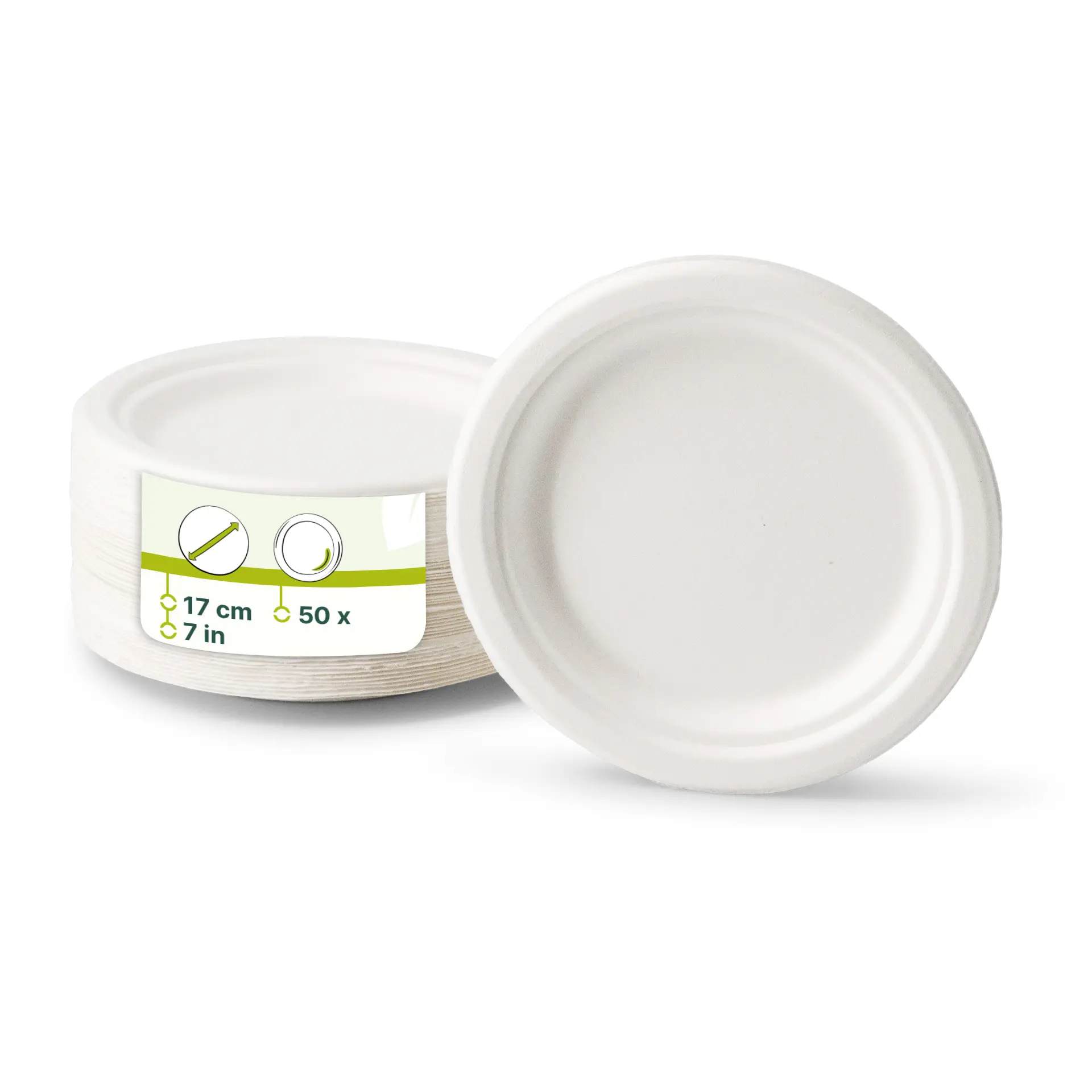 Piatti rotondi biodegradabili in canna da zucchero di 17 cm di diametro, pila di più visibili con un'etichetta.