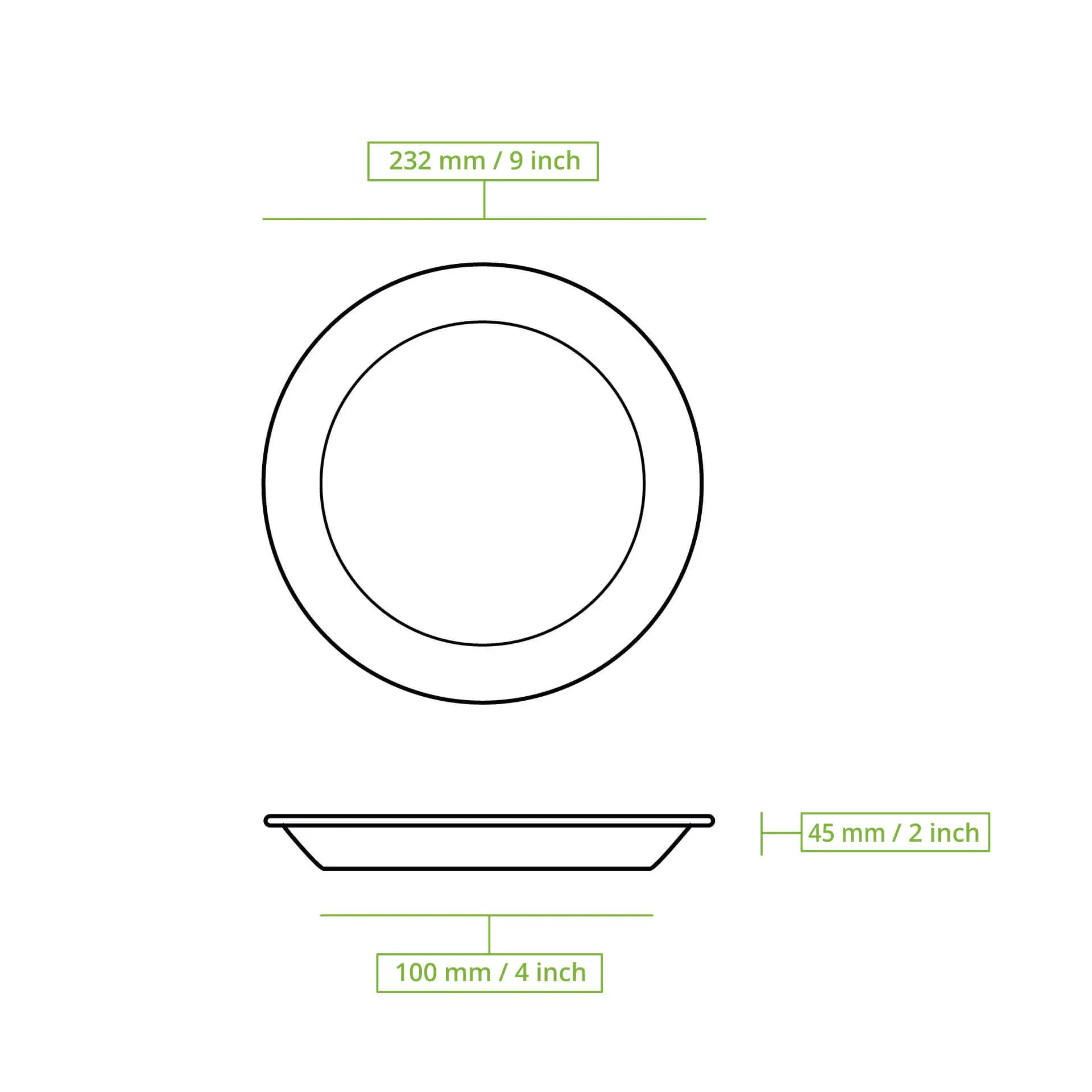 Piatto in foglia di palma con un diametro di 9 pollici (23 cm); ha un design rotondo profondo e venature naturali.