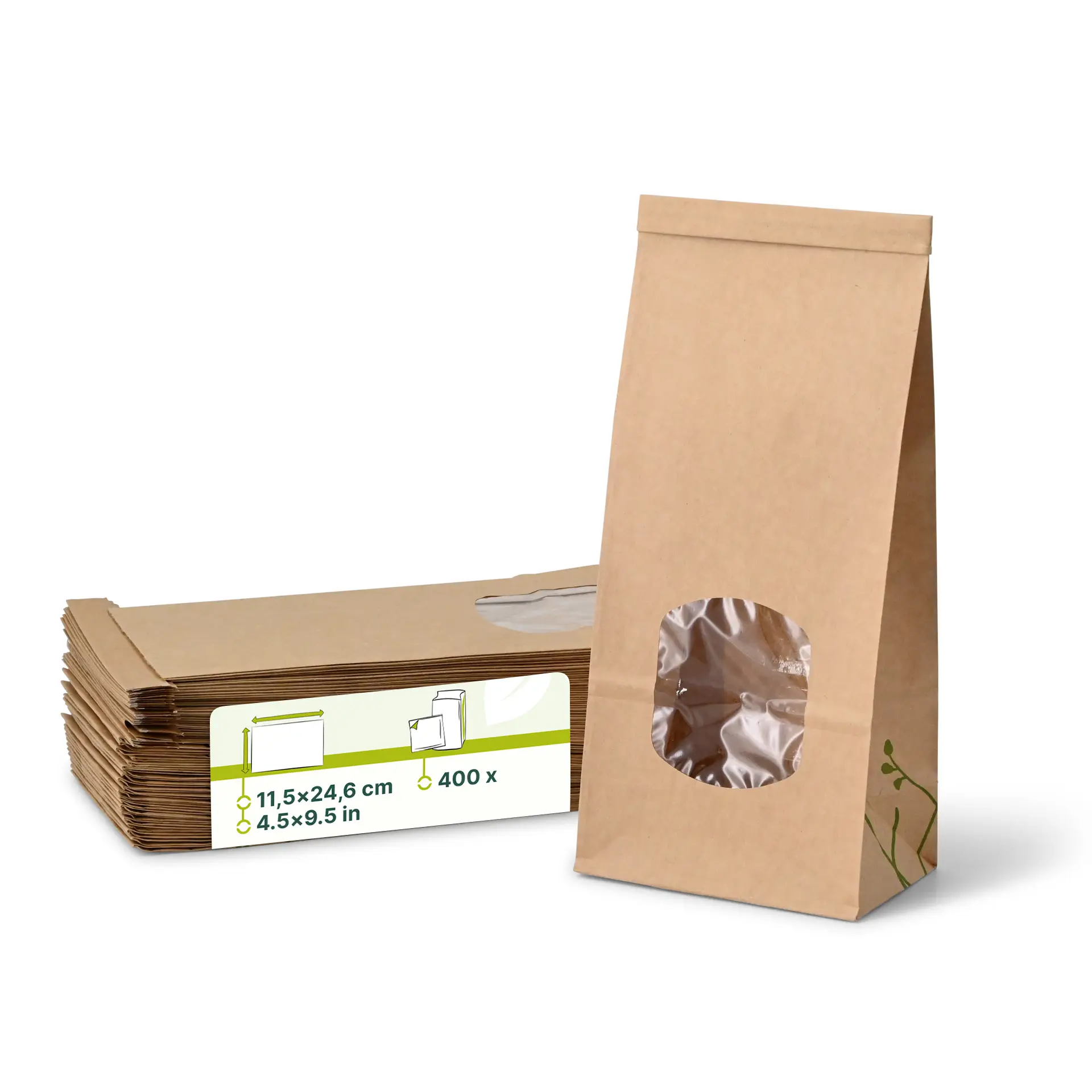 Blockbeutel m. Fenster M, 11,5 x 7,2 x 24,6 cm, PLA-Folie, braun, Clipband, Kraftpapier