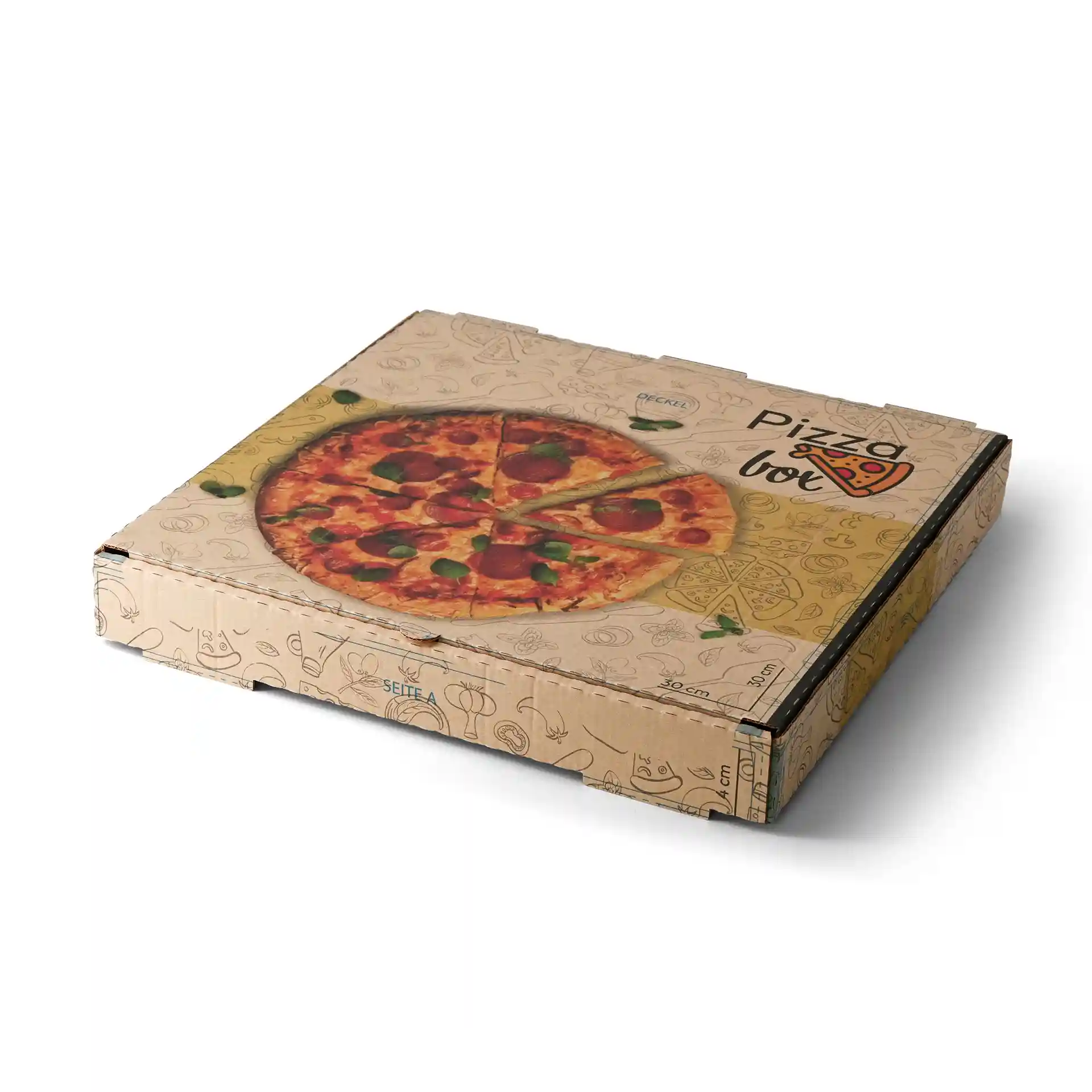 Scatola per pizza marrone con una grafica di pizza sopra, misura 30 x 30 x 4 cm, con varie illustrazioni di cibo.