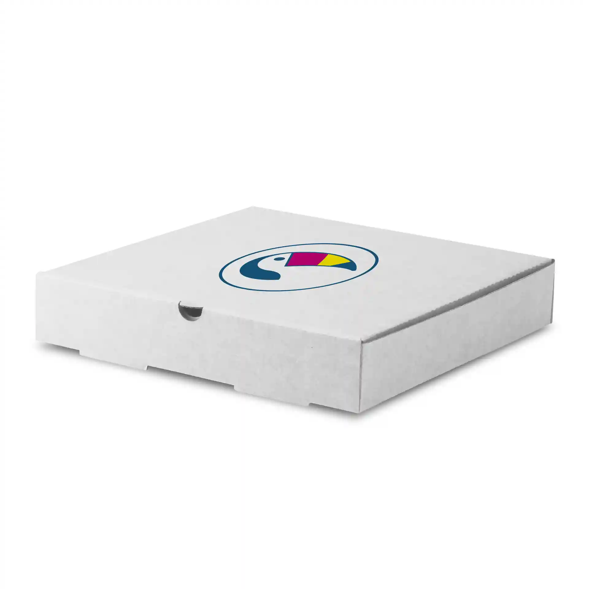 Scatola per pizza bianca con un logo circolare che presenta un design di tucano colorato, misura 26 x 26 x 4 cm.