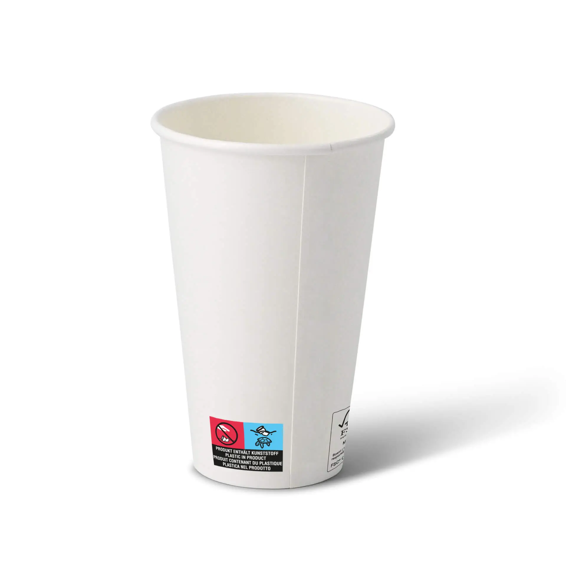 Bicchiere di carta bianco da 16 oz con forma rotonda e superficie rivestita, con etichette sul fondo.