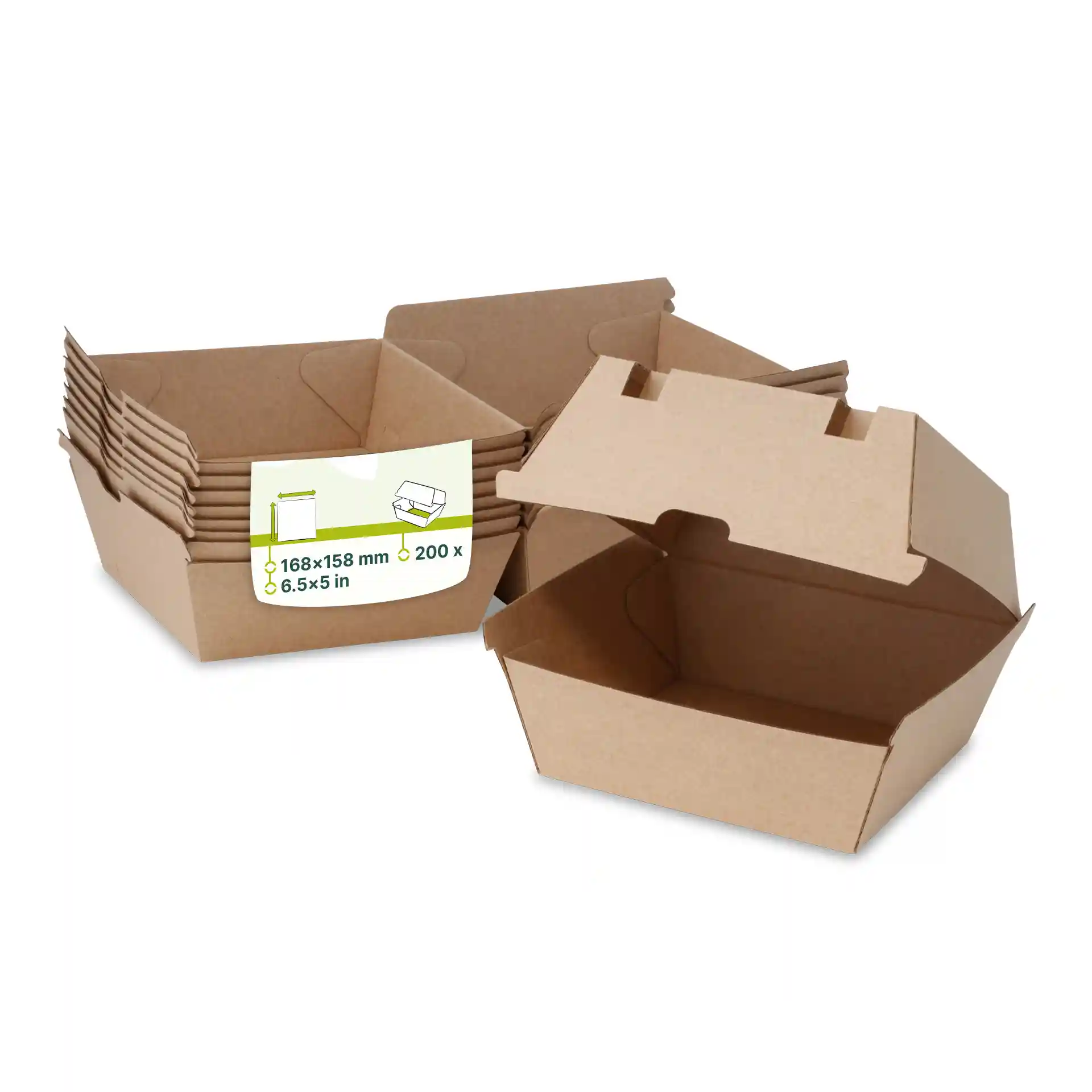 Scatole per hamburger in cartone marrone impilate, con una aperta, dimensioni di 168 x 158 mm e un totale di 200 scatole.